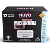 Nuyu Mushroom Coffee Pods, K-Cups, 100% Medium Roast Arabica Coffee with Lion's Mane, Reishi, Chaga, Cordyceps, 2000mg per Pod (12, French Vanilla)