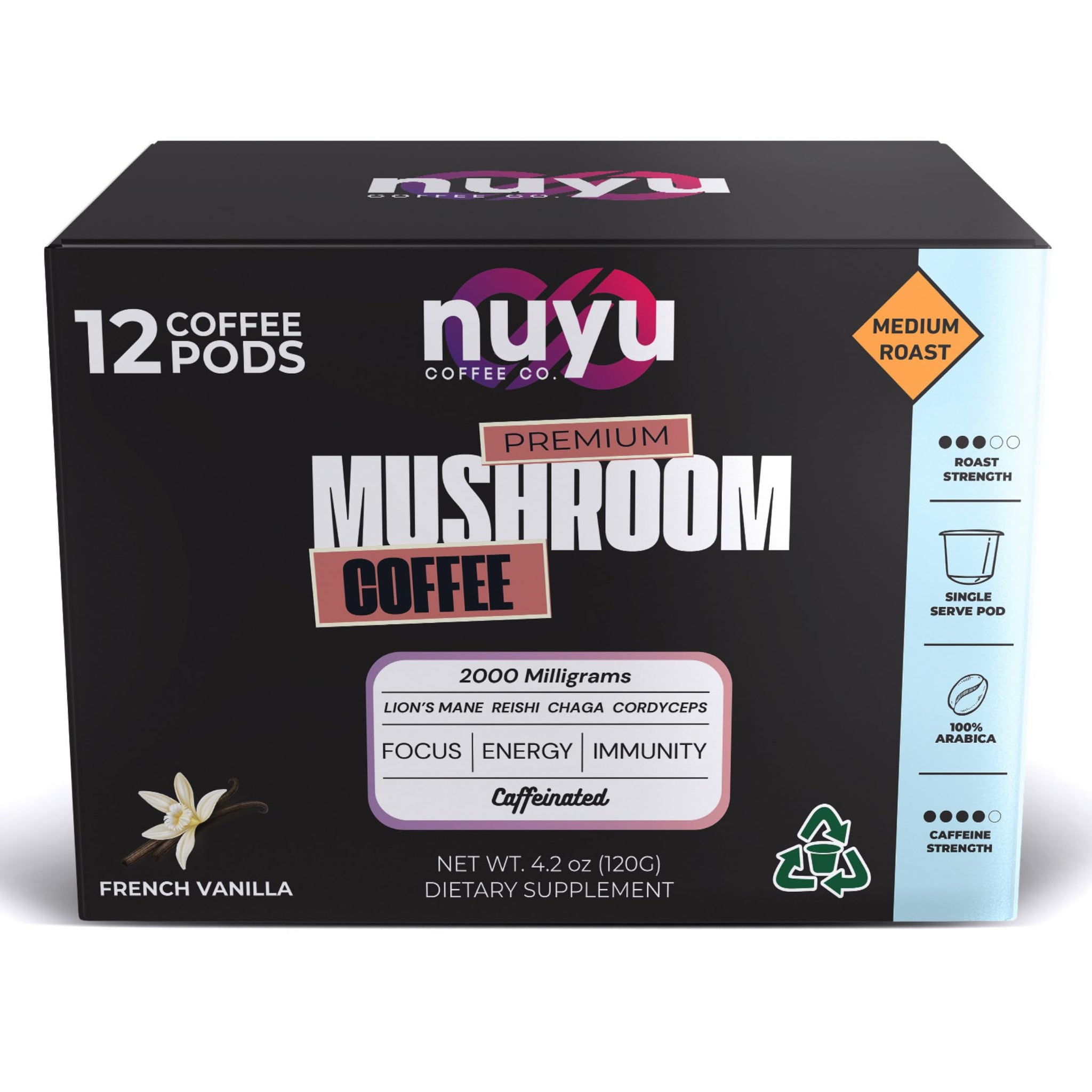 Nuyu Mushroom Coffee Pods, K-Cups, 100% Medium Roast Arabica Coffee with Lion's Mane, Reishi, Chaga, Cordyceps, 2000mg per Pod (12, French Vanilla)