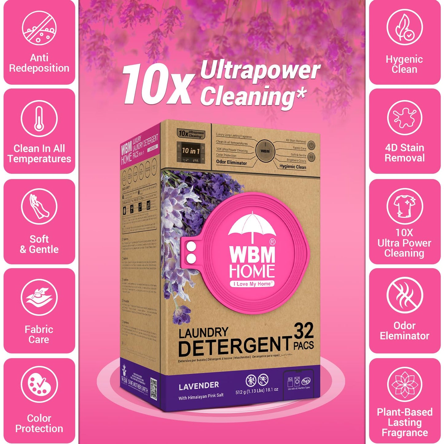 WBM 10-in-1 Laundry Detergent Pods, Fabric Softener with Lavender Extracts, High-Efficiency Laundry Pods with Powerful Stain Lifter Technology - 32
