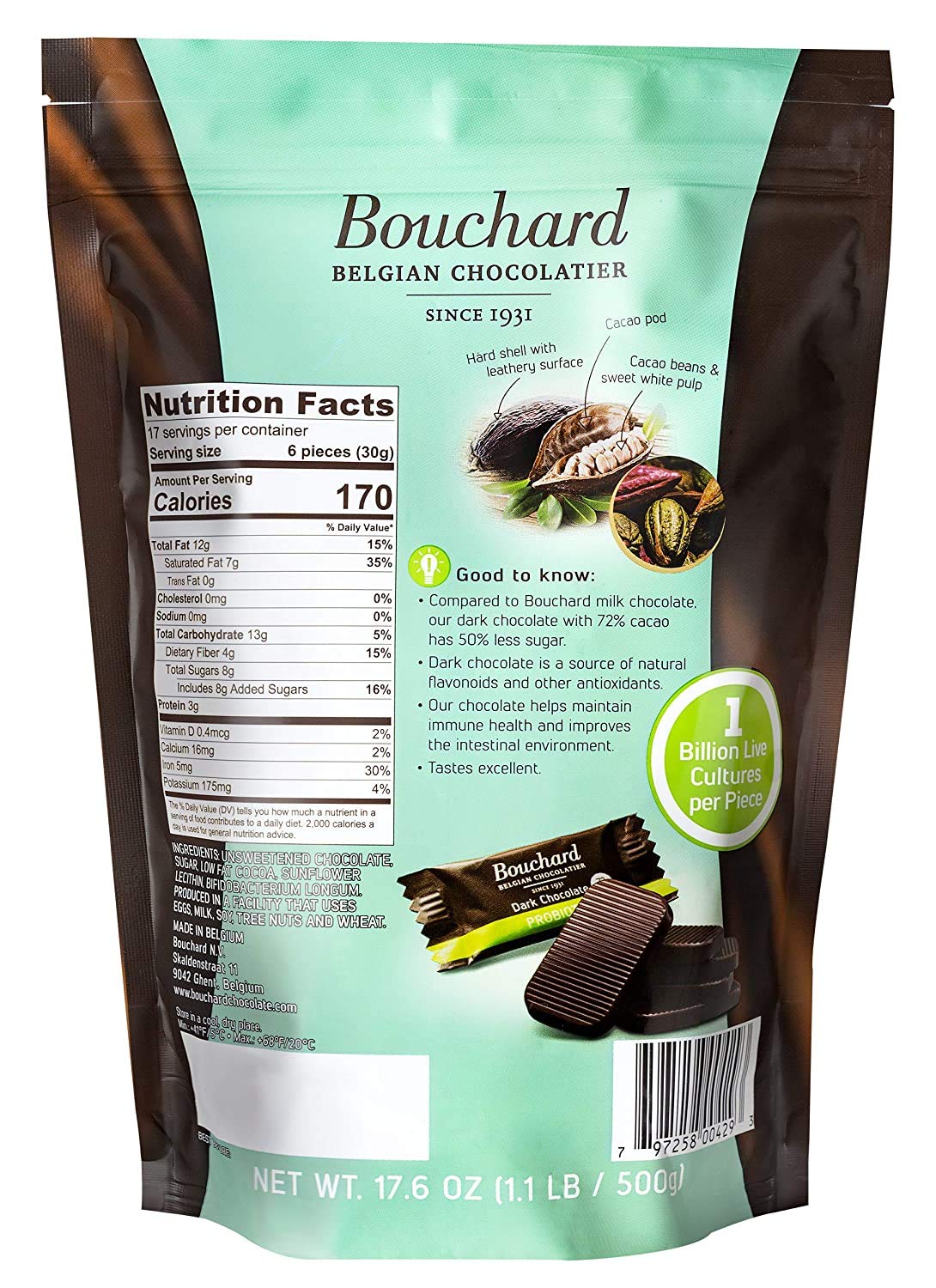 Bouchard Probiotics Belgian Chocolate Dark 72% Cacao (1.1 LB / 500 G) (3 Pack)