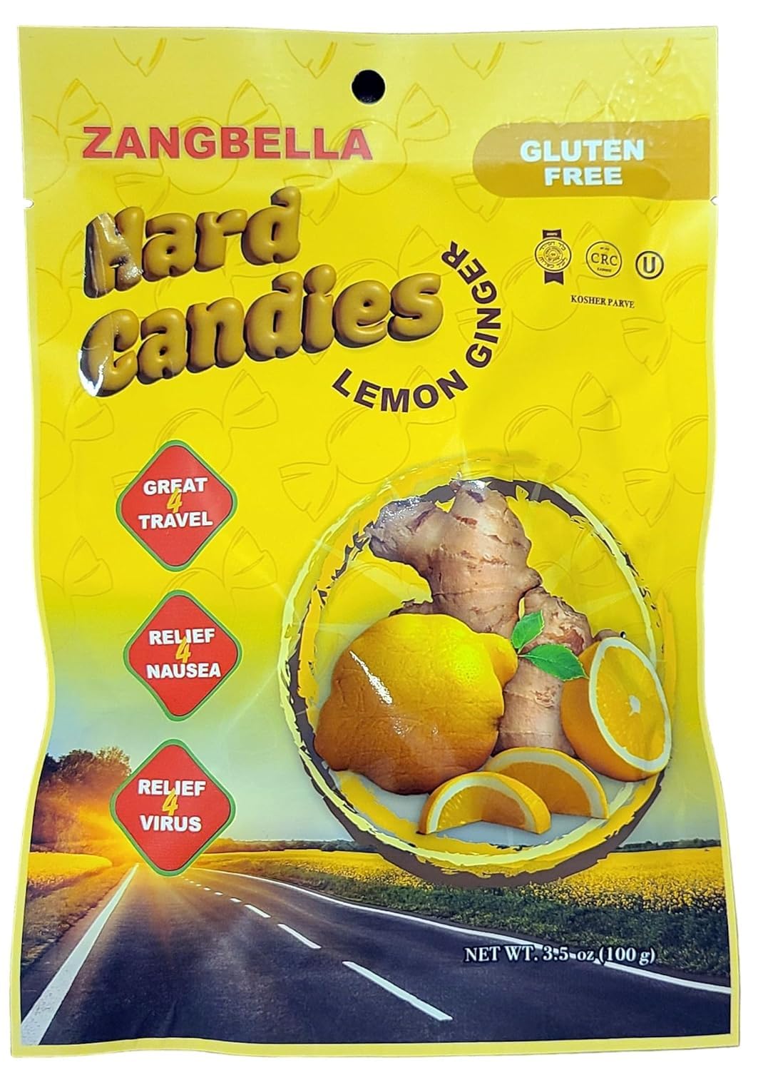 ZANGBELLA Ginger Hard Candy - Relief Nausea, Motion Sickness, Upset Stomach, Great Tasting Lemon Flavor, Individually Wrapped, 3.5 oz