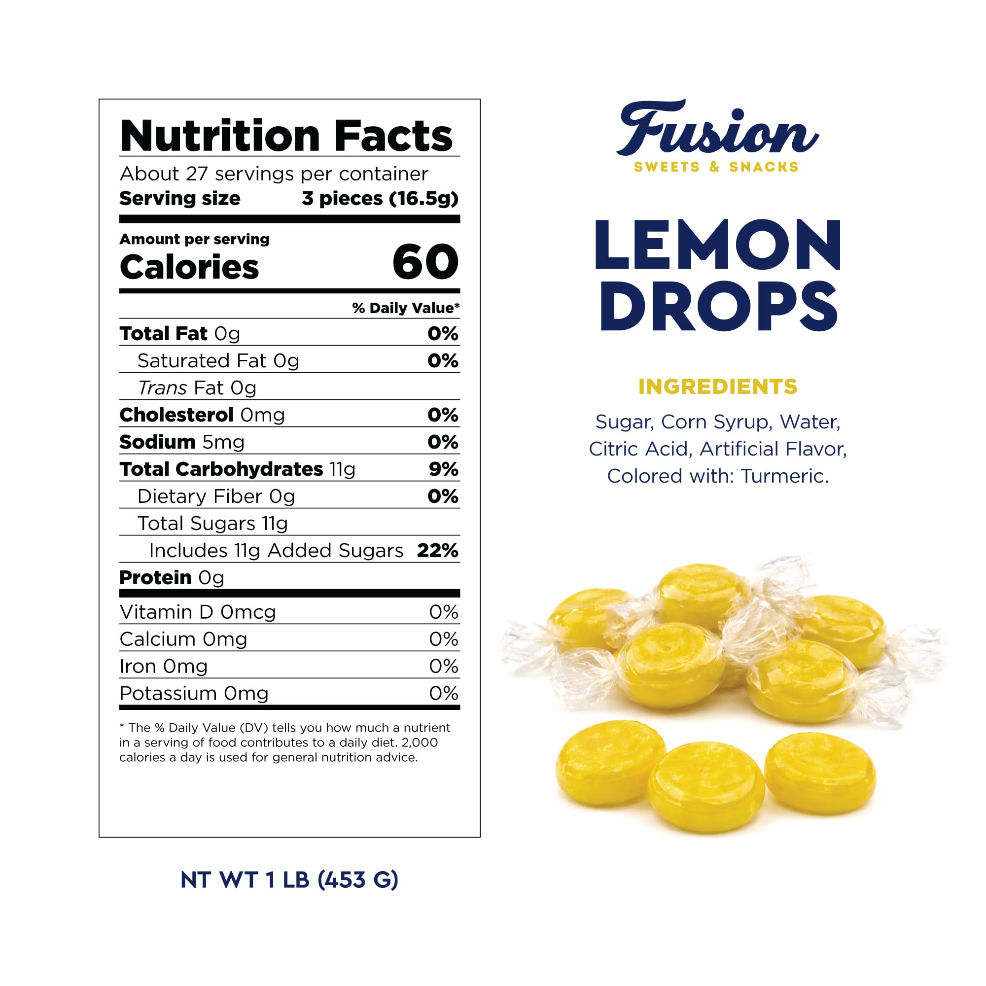 Lemon Drops Hard Candy Old Fashioned 1 Pound Bulk Bag, Individually Wrapped Classic Lemon Candy, Tart Citrus Flavor, Traditional Yellow Hard Sweets