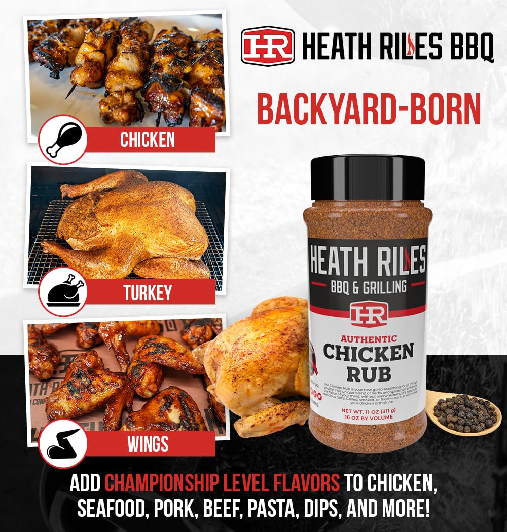 Heath Riles BBQ Rub, Chicken Rub Seasoning, Champion Pitmaster Recipe, Shaker Spice Mix, 11 oz.