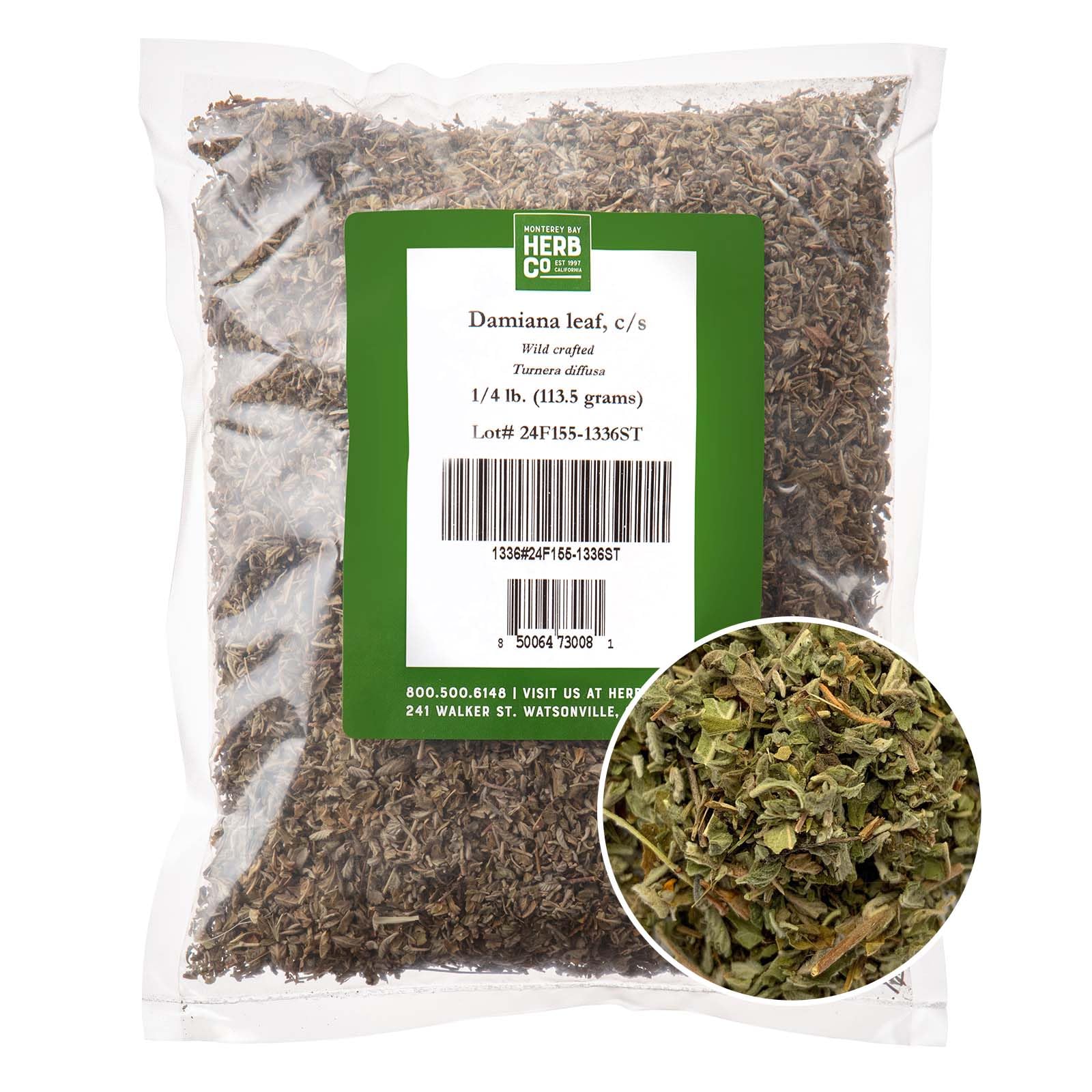 Damiana Leaf Cut & Sifted, by Herb Co, Turnera diffusa, Old Woman's Broom, from Mexico, Kosher, for Herbal Tea Blends, Salads, Soups & Cooked