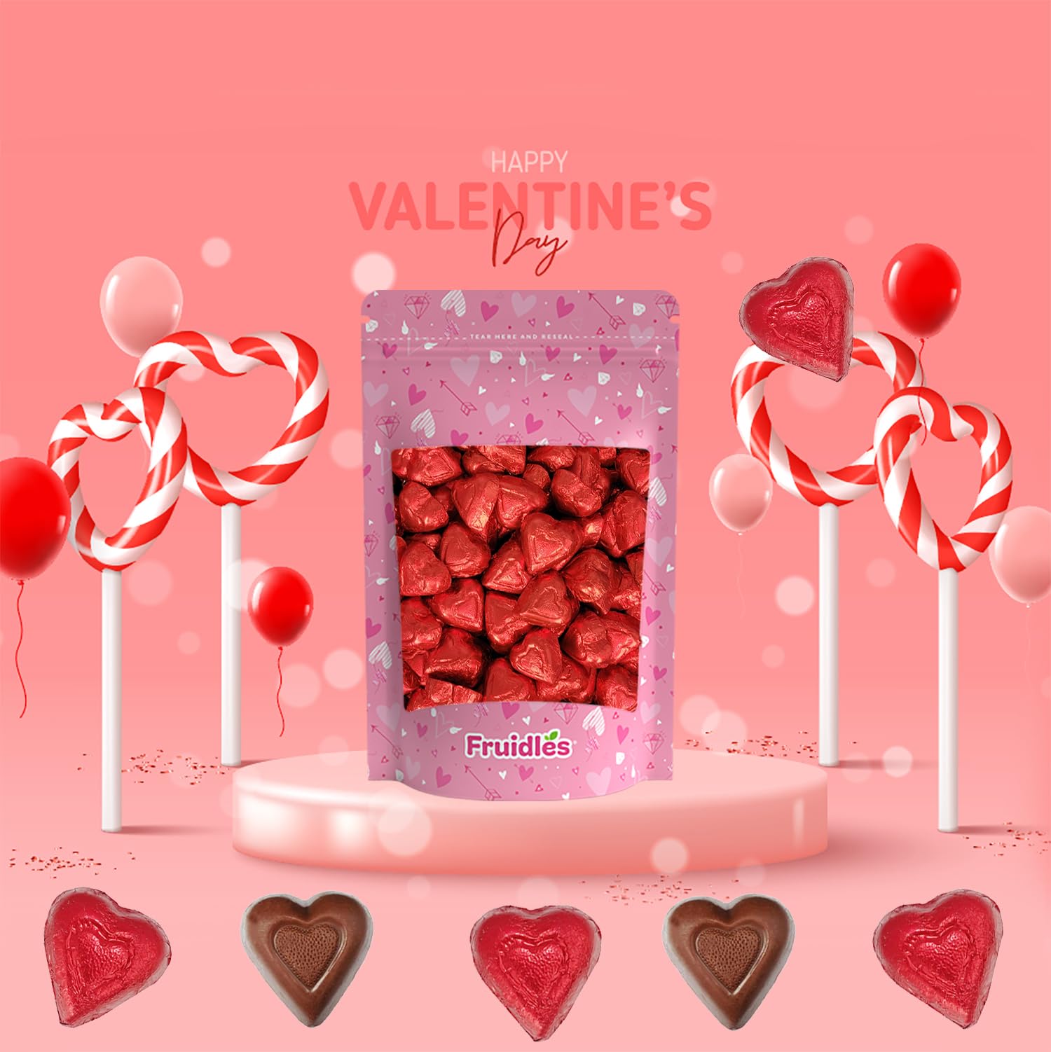 2 Pounds Fruidles Valentine's Milk Chocolate Hearts, Party Bag Fillers, Red Individually Wrapped Foils, Kosher Certified