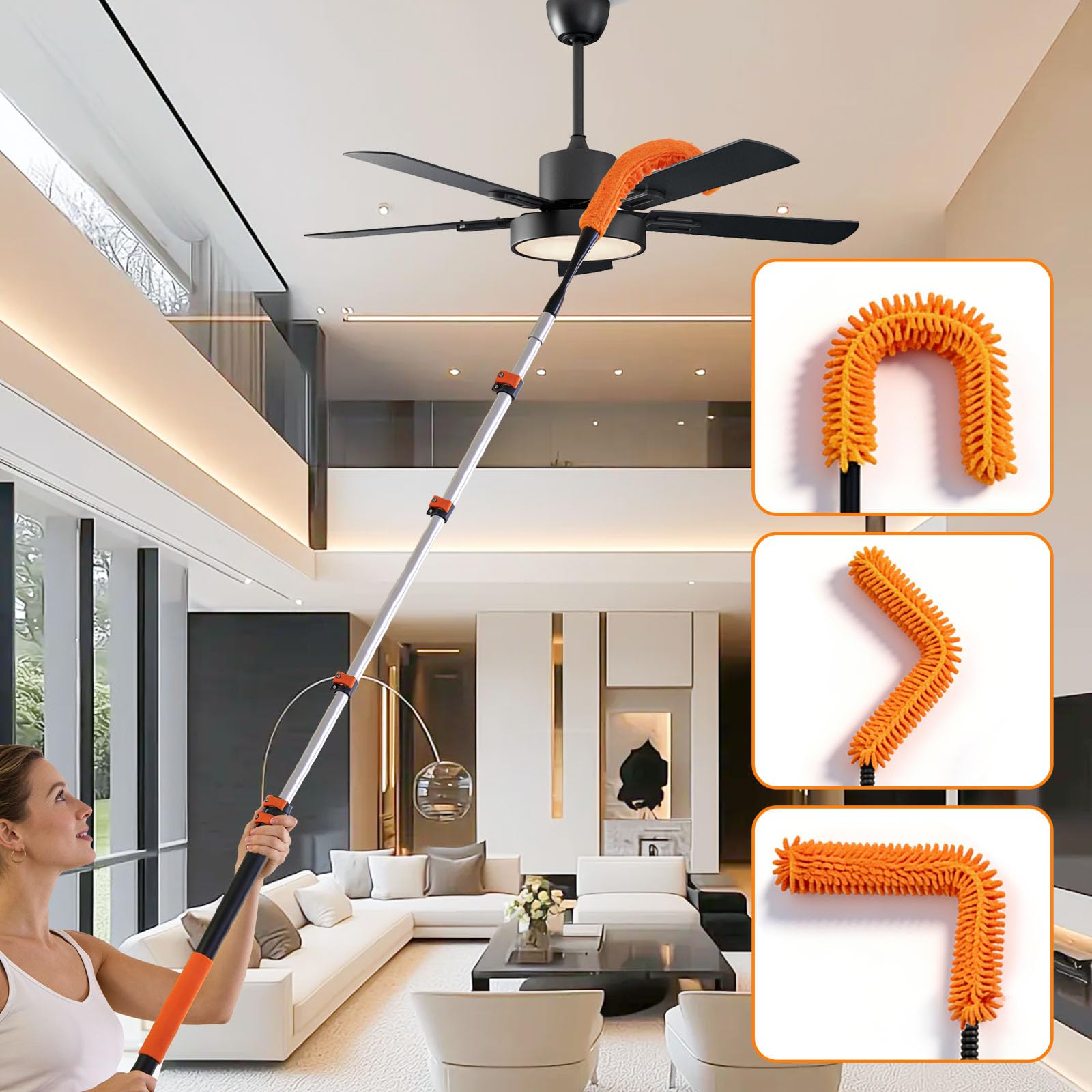 TONYINGO 26FT High Reach Duster Kit with 5-20FT Flip-Lock & Screw Dual Locking Extension Pole, Cobweb Duster, Washable Ceiling Fan Cleaner & Window