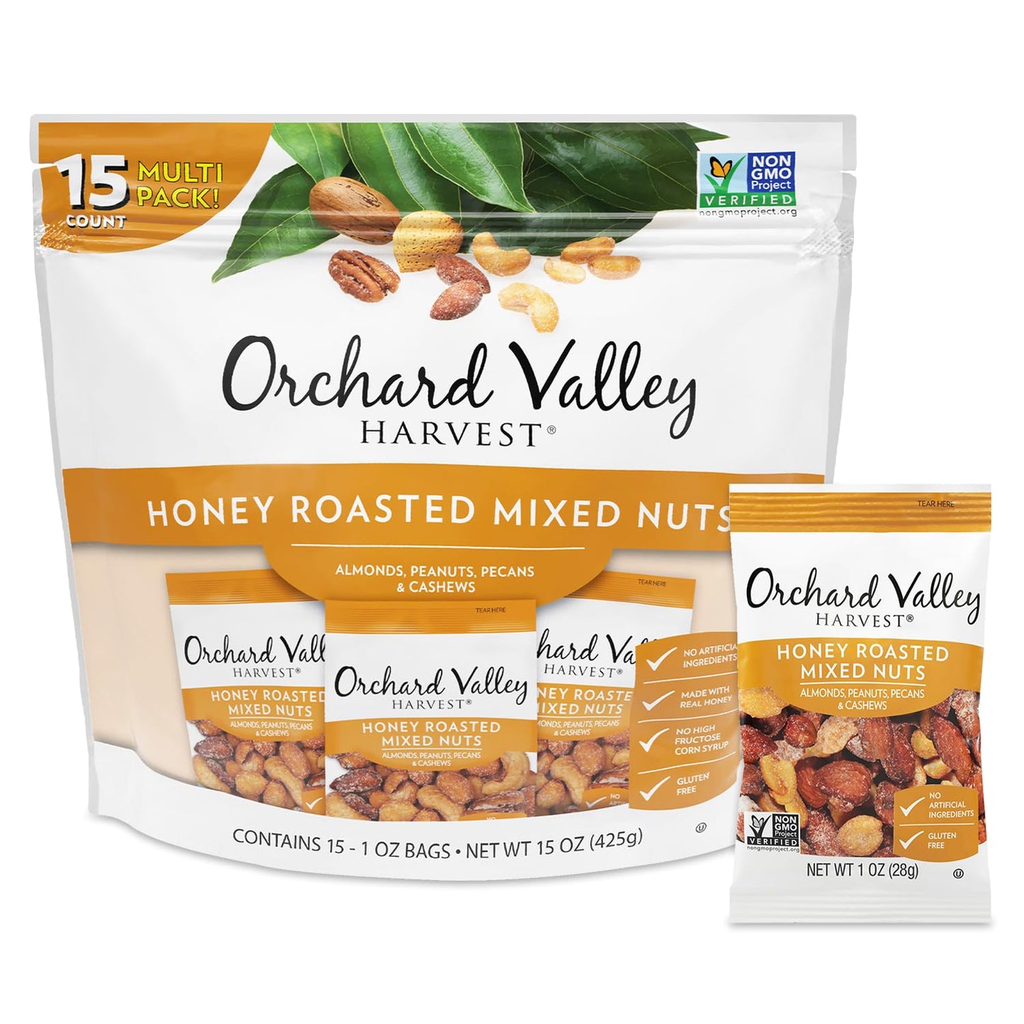 Orchard Valley Harvest Honey Roasted Mixed Nuts, 1 Ounce Bags (Pack of 15), Almonds, Peanuts, Pecans, and Cashews, Gluten Free, Non-GMO, No Artificial