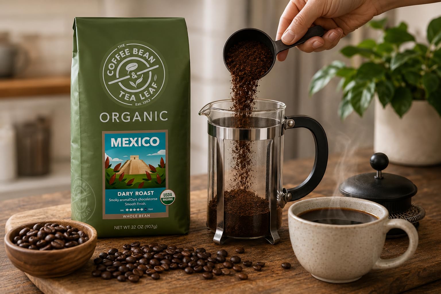 Organic Mexican Coffee Beans - Dark Roast Whole Bean Arabica - 32oz Premium Single Origin - Smoky Aroma & Dark Chocolate Notes - Gourmet Coffee