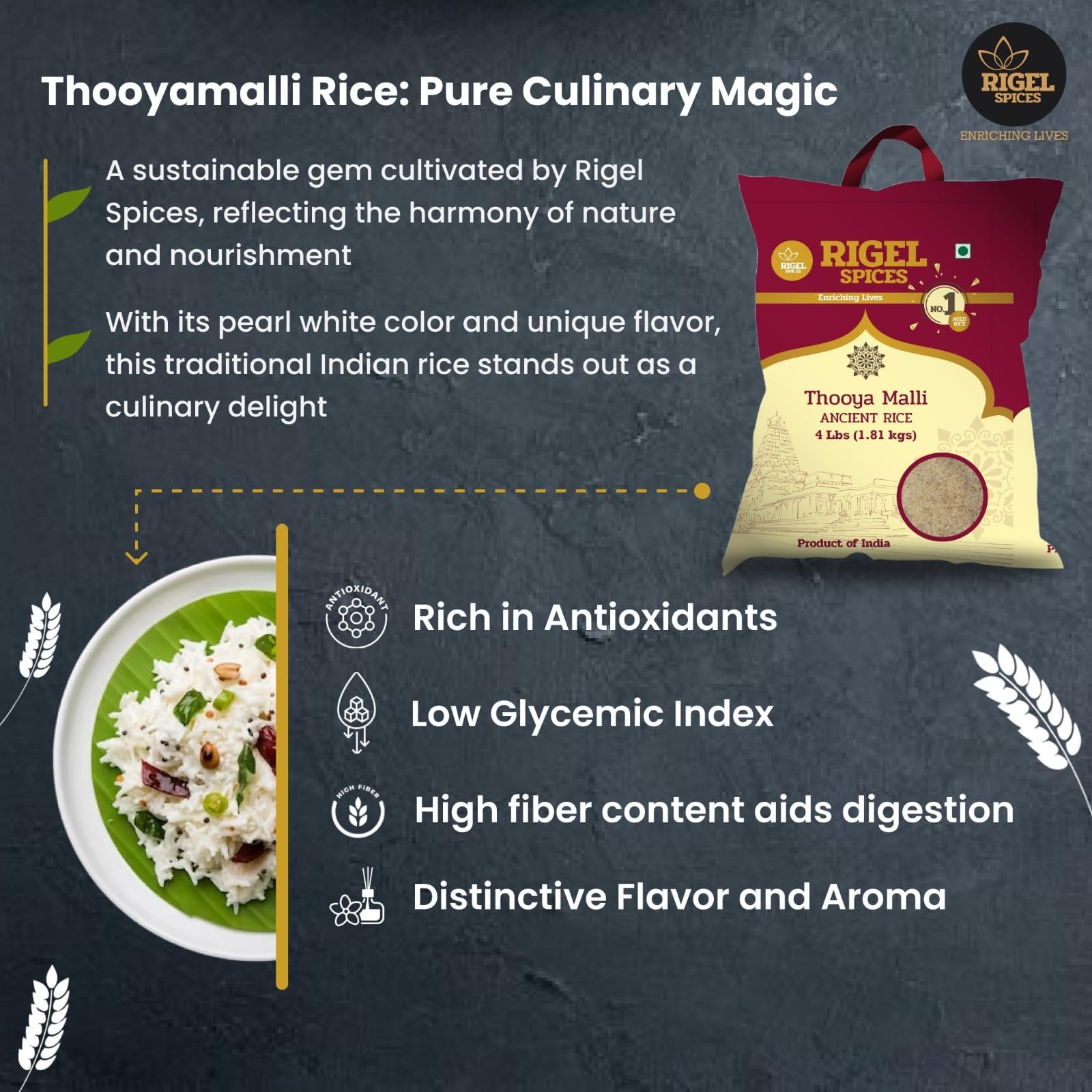 Rigel Spices | Thooyamalli Rice (4Lbs)| Jasmine Rice | 12+months aged | Sustainably grown naturally gluten free heritage rice