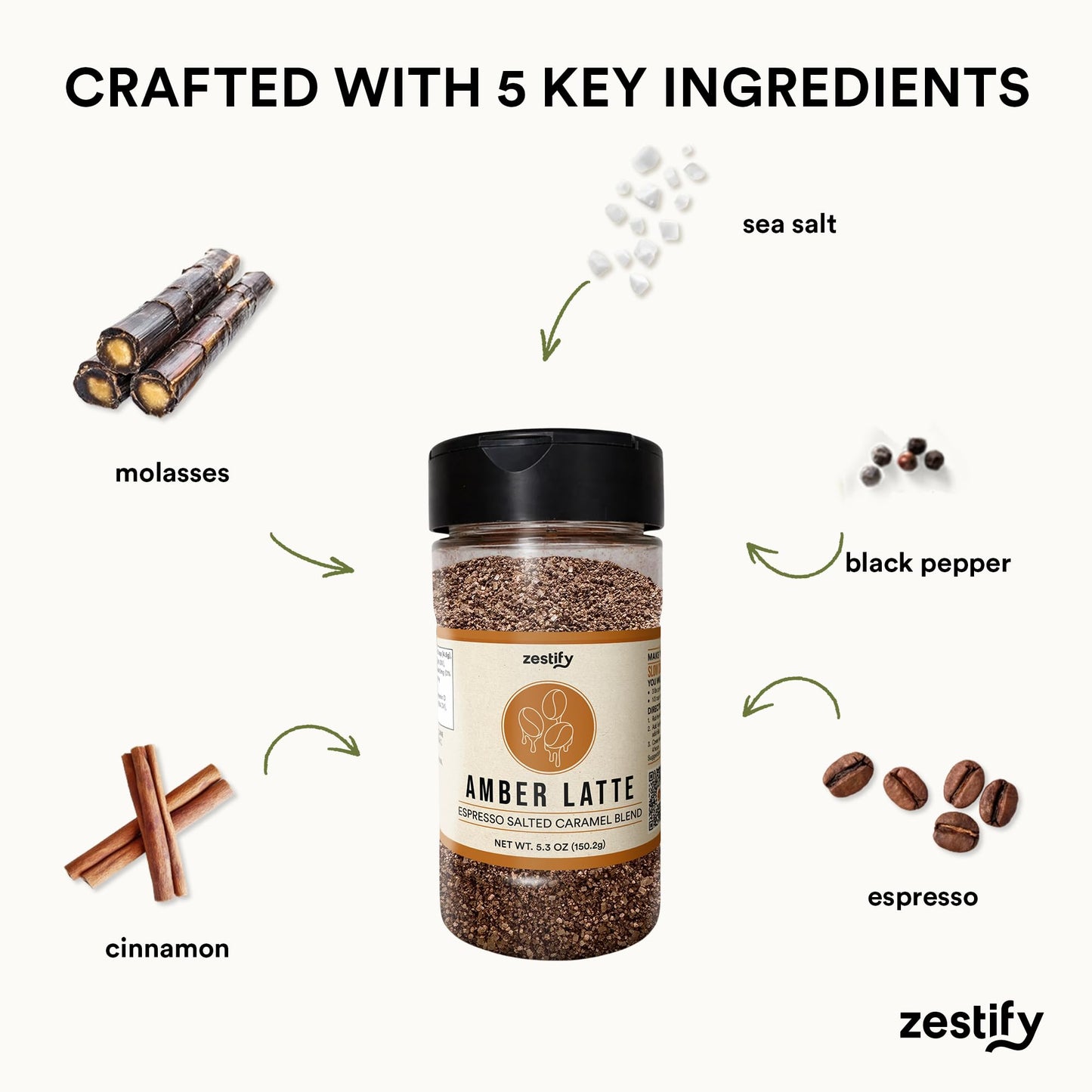 Zestify Amber Latte - Espresso Salted Caramel Seasoning Blend |BBQ Grilling, Popcorn Topper, Desserts, & Breakfast | Gourmet Spice Mix (5.3 oz Shaker)