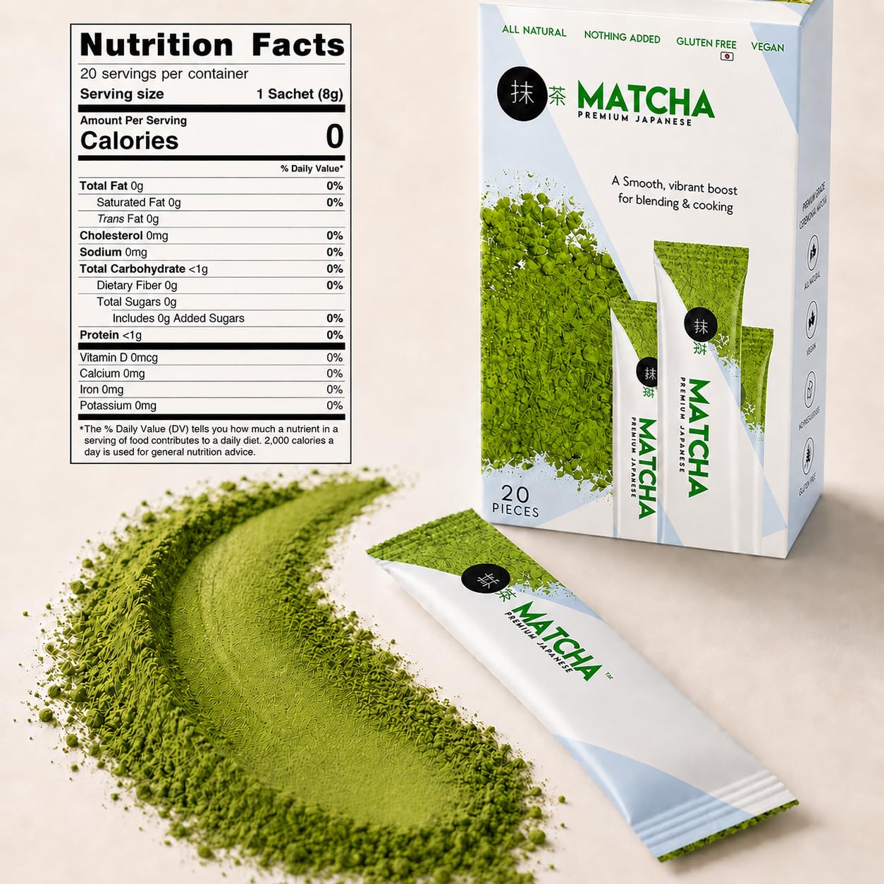 UNIQBITE Strawberry Matcha Powder Blend with Spirulina, 20 Single-Serve Sachets, for Hot and Iced Macha Latte, Green Tea, Smoothies and Baking, 5.64