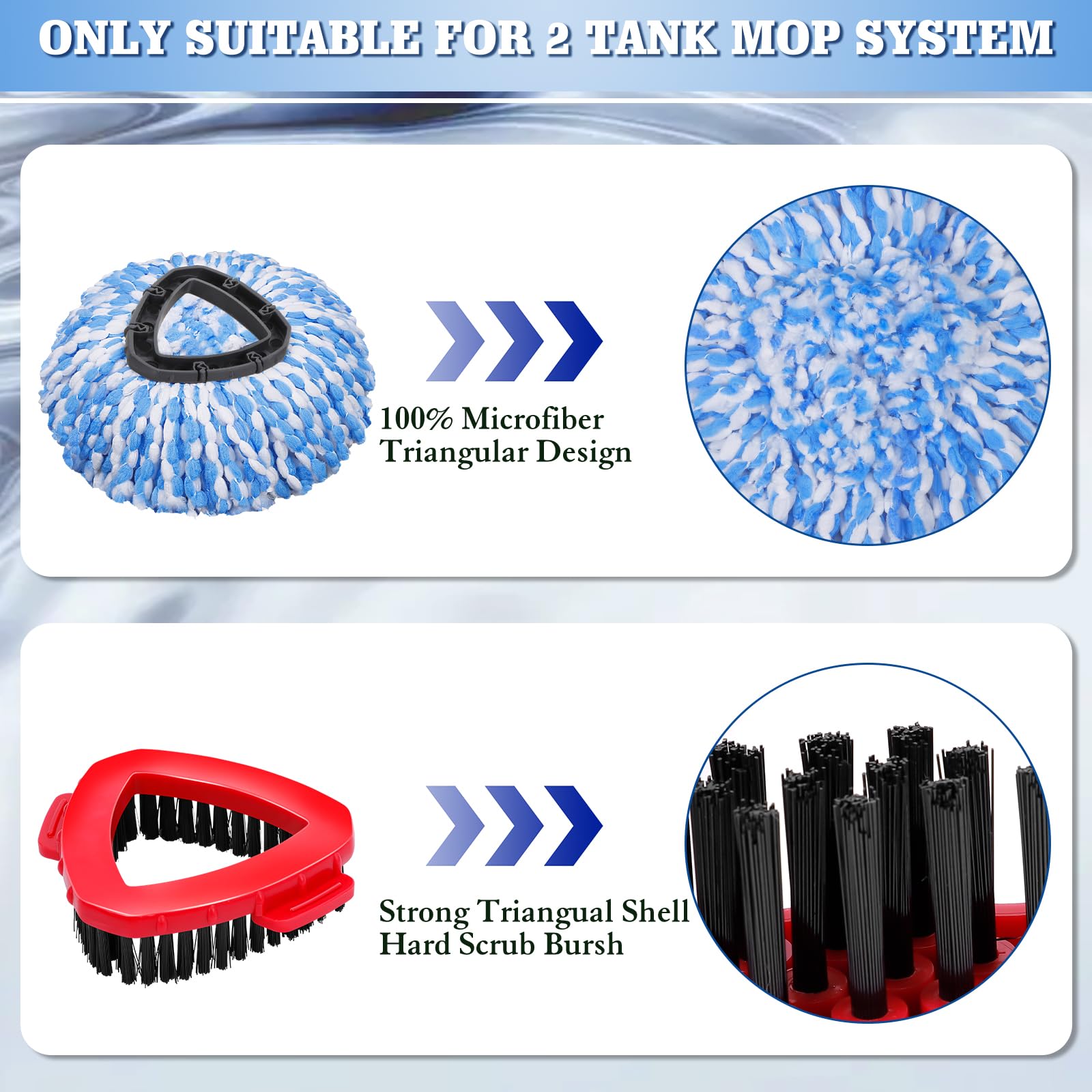 4 Packs Spin Mop Replacement Heads Compatible with Ocedar RinseClean 2-Tank System, 30-58" Mop Handle,Mop Scrub Brush and Base Combo Set,Mopping