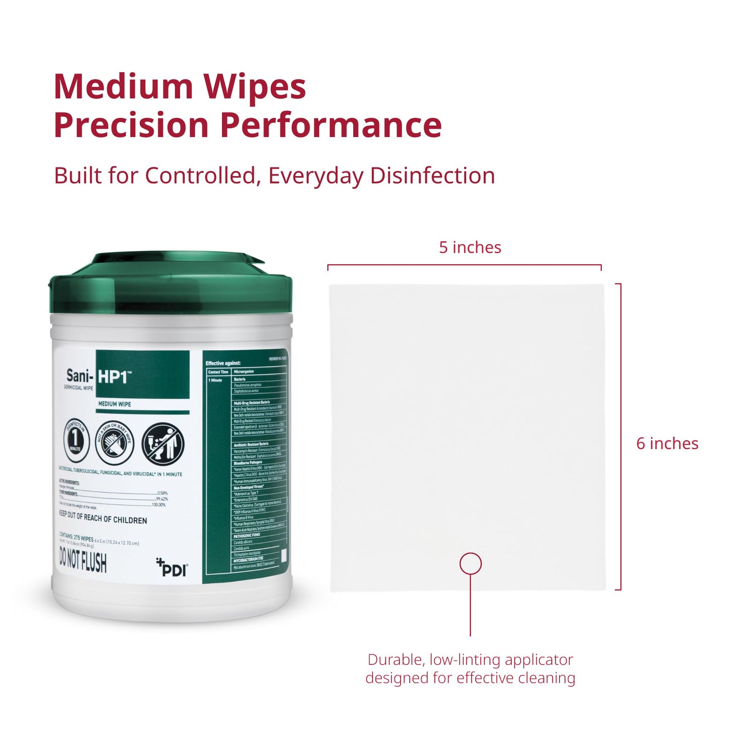 Sani-HP1 Hydrogen Peroxide Disinfectant Wipes, 275 Count Canister, 6" x 5" Wipes, 1-Minute Contact Time, No PPE Required, Hard Surface Cleaning Wipes