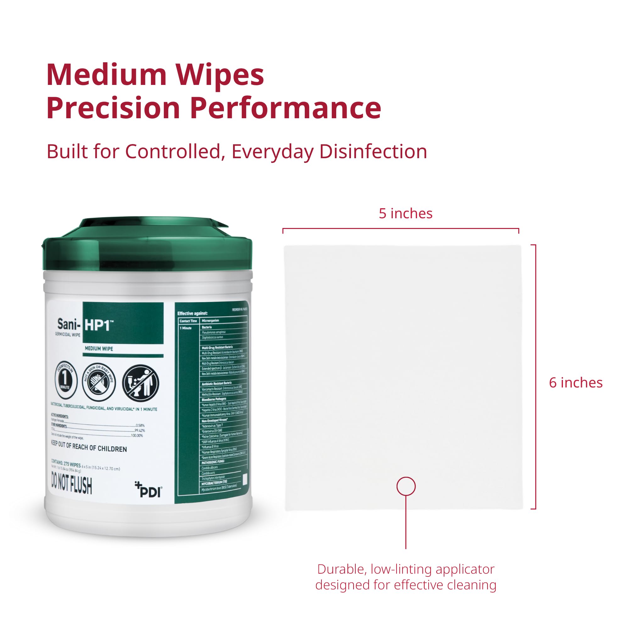 Sani-HP1 Hydrogen Peroxide Disinfectant Wipes, 275 Count Canister, 6" x 5" Wipes, 1-Minute Contact Time, No PPE Required, Hard Surface Cleaning Wipes