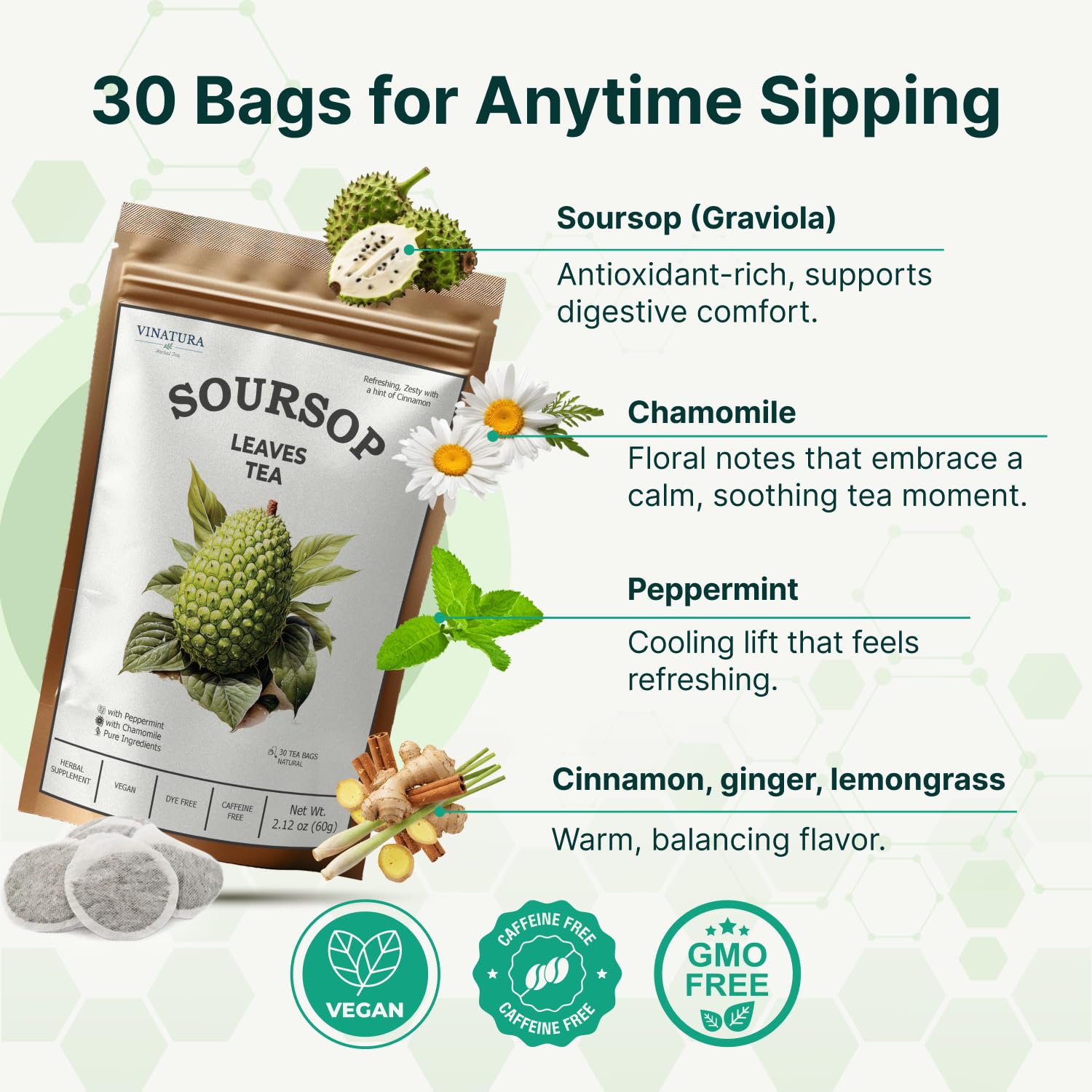 Soursop Tea Leaves bags - Pure Graviola Leaf, Peppermint, Chamomile & Cinnamon - All natural, Dye-free bag - Herbal Tea for Health, Refreshing Brew
