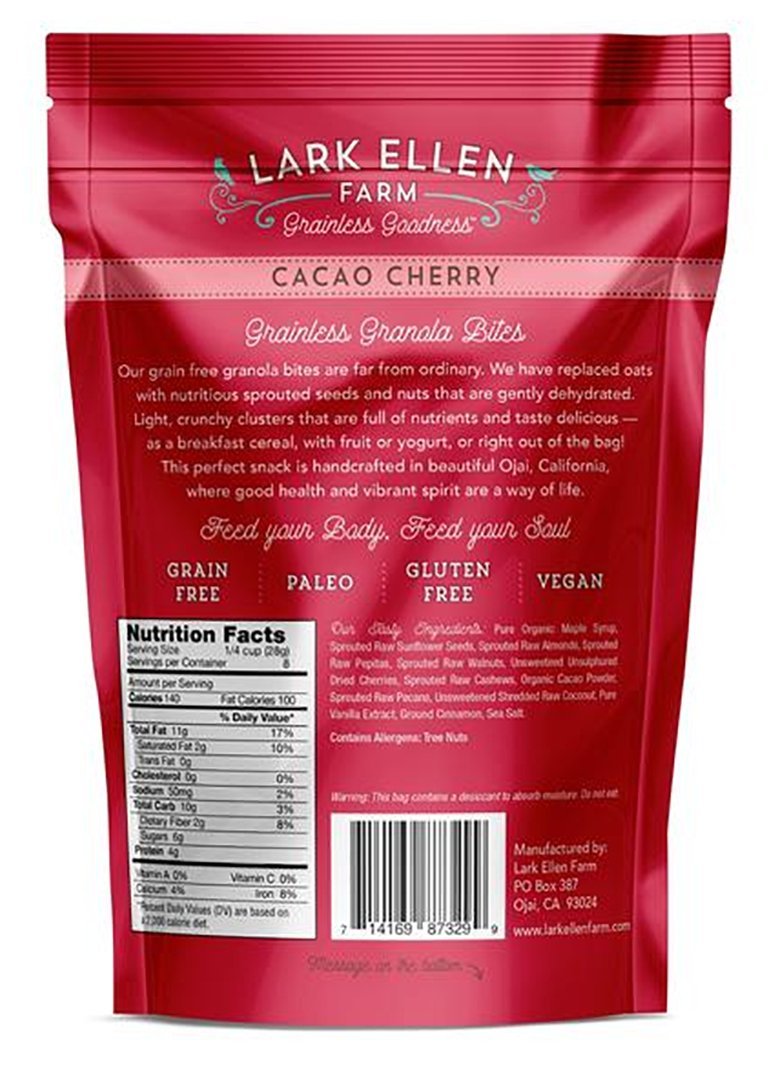 Lark Ellen Farm Cacao Cherry Grain-Free Granola Clusters, Organic Vegan Nut and Seed Mix, Gluten-Free Crunchy Bites for Snack, Breakfast, or Yogurt, 8