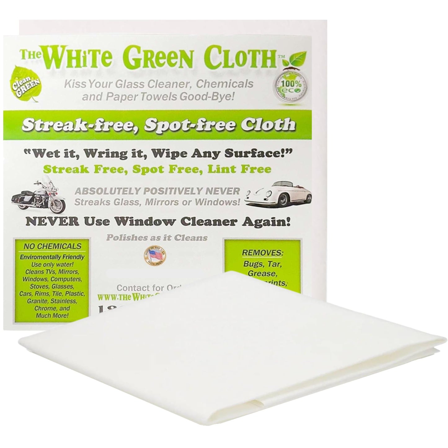 The White Green Cloth 1-Pack Reusable Cleaning Cloth for Streak-Free Windows, Mirrors & All-Purpose Cleaning - Chemical-Free, Absorbent, Non-Abrasive