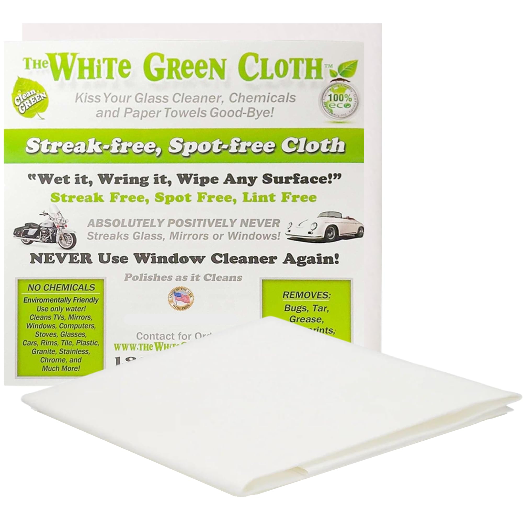 The White Green Cloth 1-Pack Reusable Cleaning Cloth for Streak-Free Windows, Mirrors & All-Purpose Cleaning - Chemical-Free, Absorbent, Non-Abrasive
