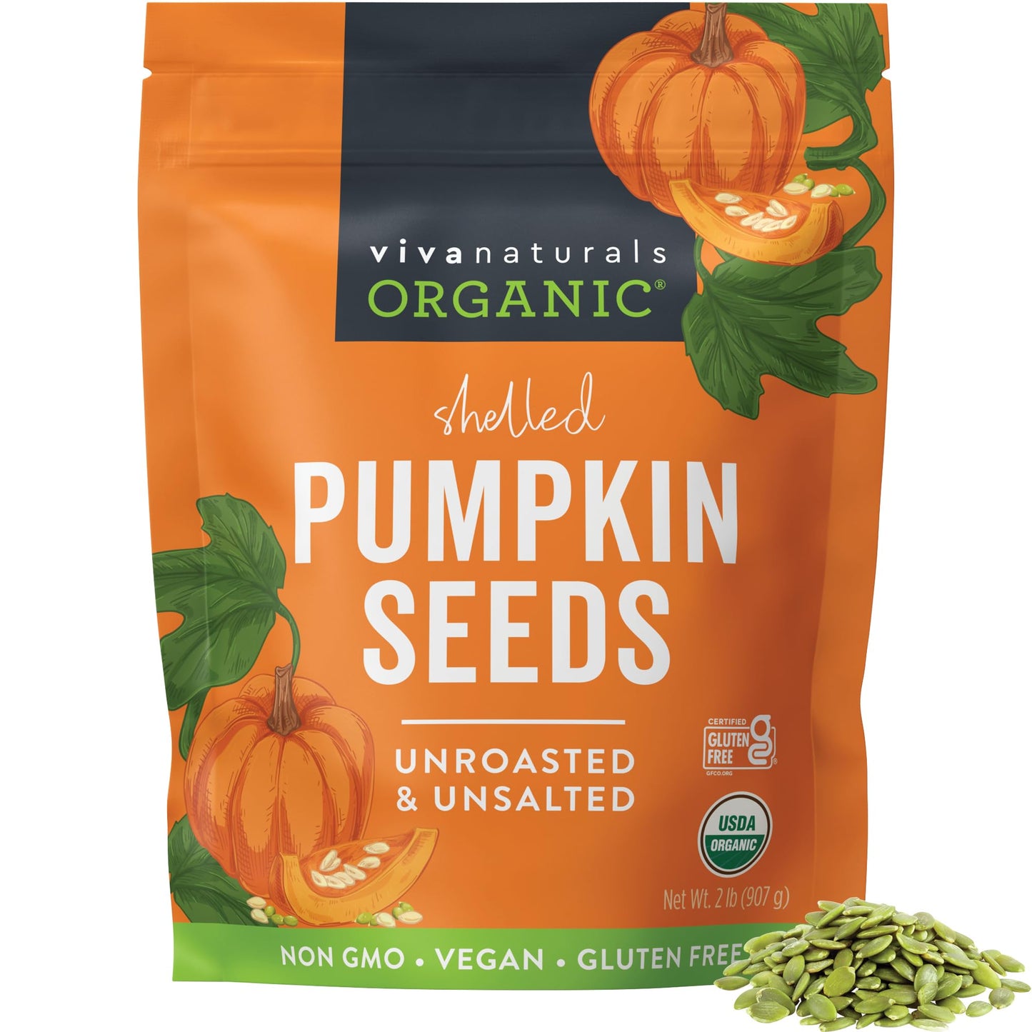 Viva Naturals Organic Pumpkin Seeds, 2 lb (32 oz, 907 g) - Shelled, Unroasted, Unsalted, Non-GMO, Vegan, Good Source of Iron & Dietary Fiber, Perfect