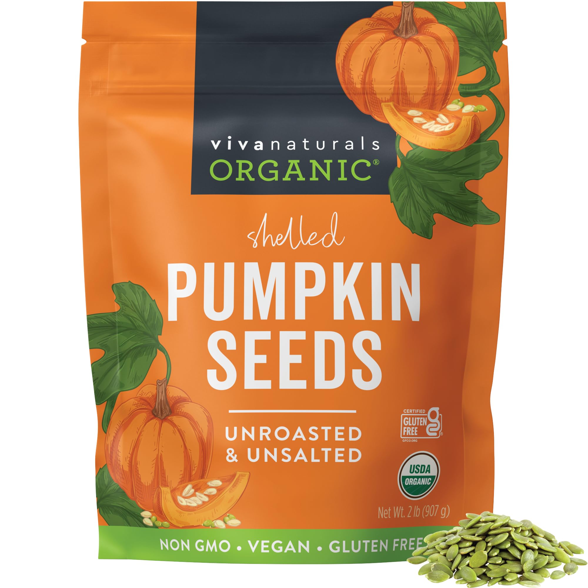 Viva Naturals Organic Pumpkin Seeds, 2 lb (32 oz, 907 g) - Shelled, Unroasted, Unsalted, Non-GMO, Vegan, Good Source of Iron & Dietary Fiber, Perfect