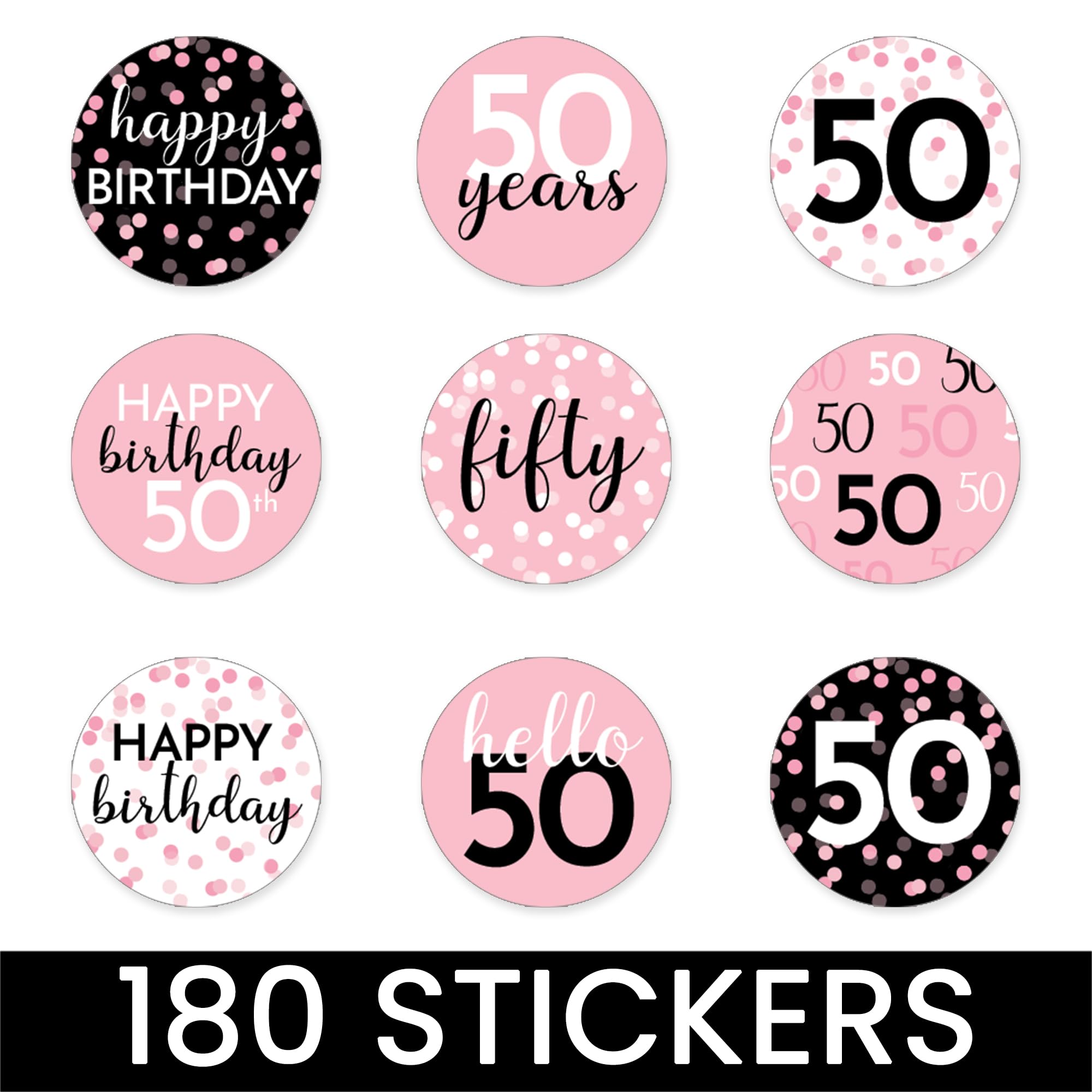 Pink, Black, and White 50th Birthday Party Favor Chocolate Kisses Candy Stickers - 180 Count