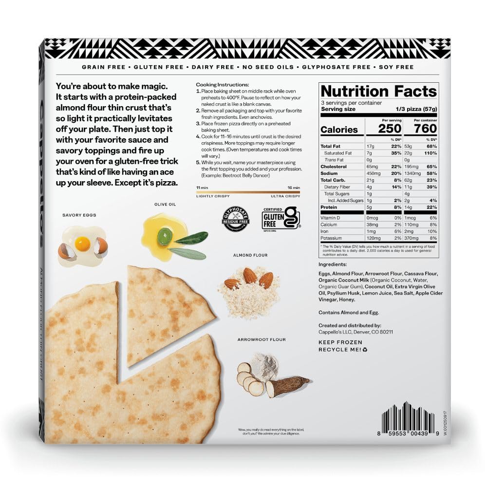 Cappello's Almond Flour Thin Crust Naked Pizza, Gluten Free, Frozen Pizza 6oz