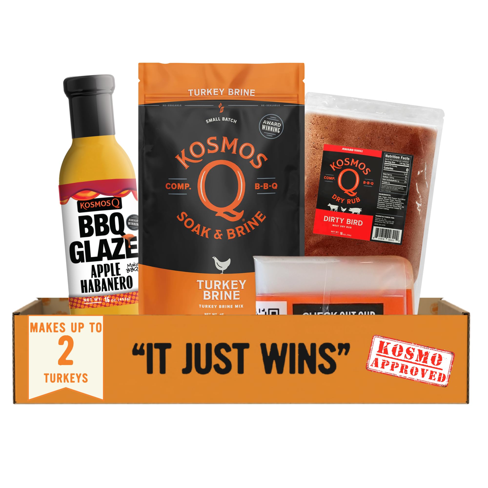 Kosmos Q Complete Turkey Brine Kit for Him, Turkey Brine, Dirty Bird BBQ Rub & Cherry Apple Habanero Glaze, All-in-One Turkey Seasoning Kit