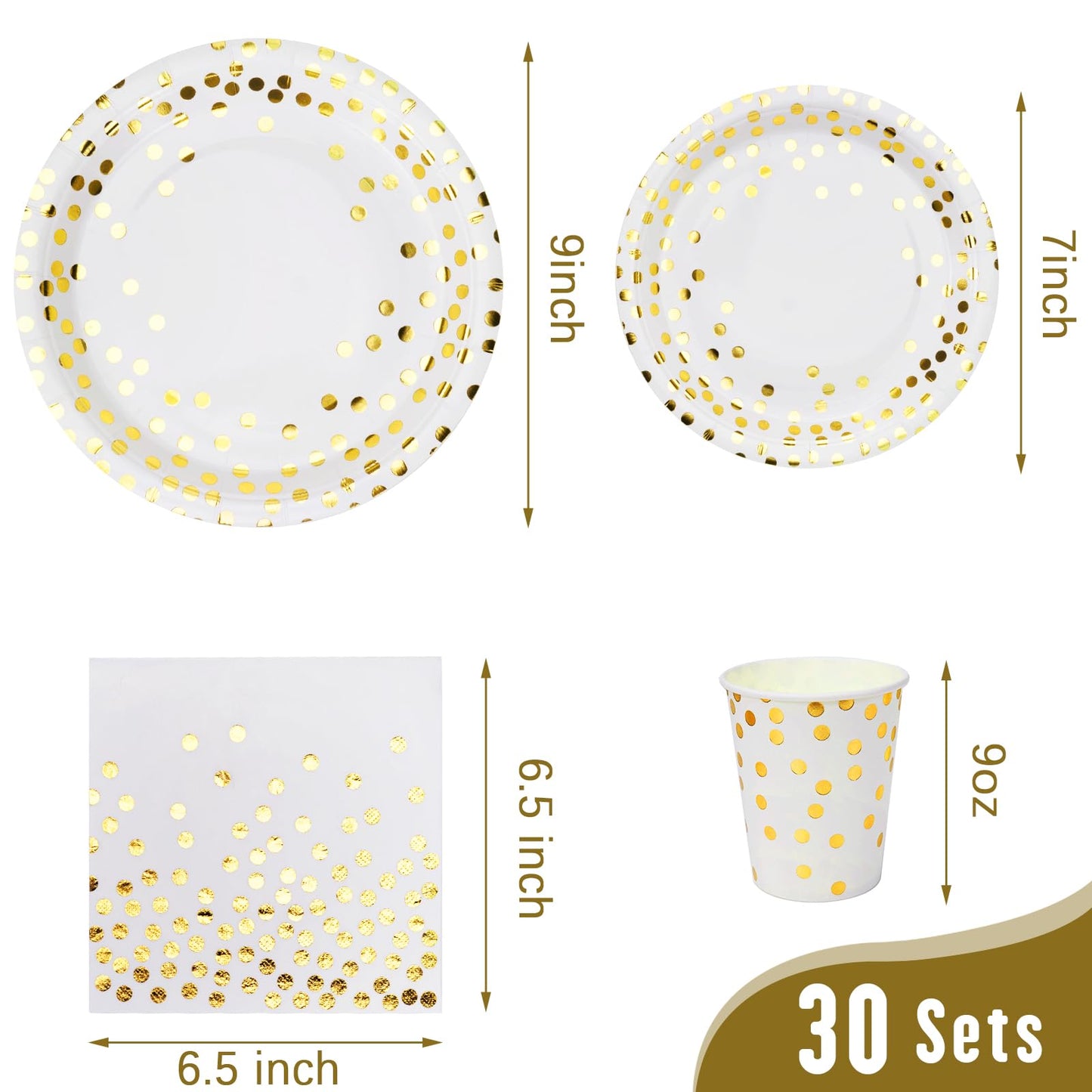 Lzerking Party Supplies Set - 210 Pieces of White and Gold Dot Paper Plates, Cups, Napkins, and Heavy Duty Silverware for 30 Guests for Birthdays