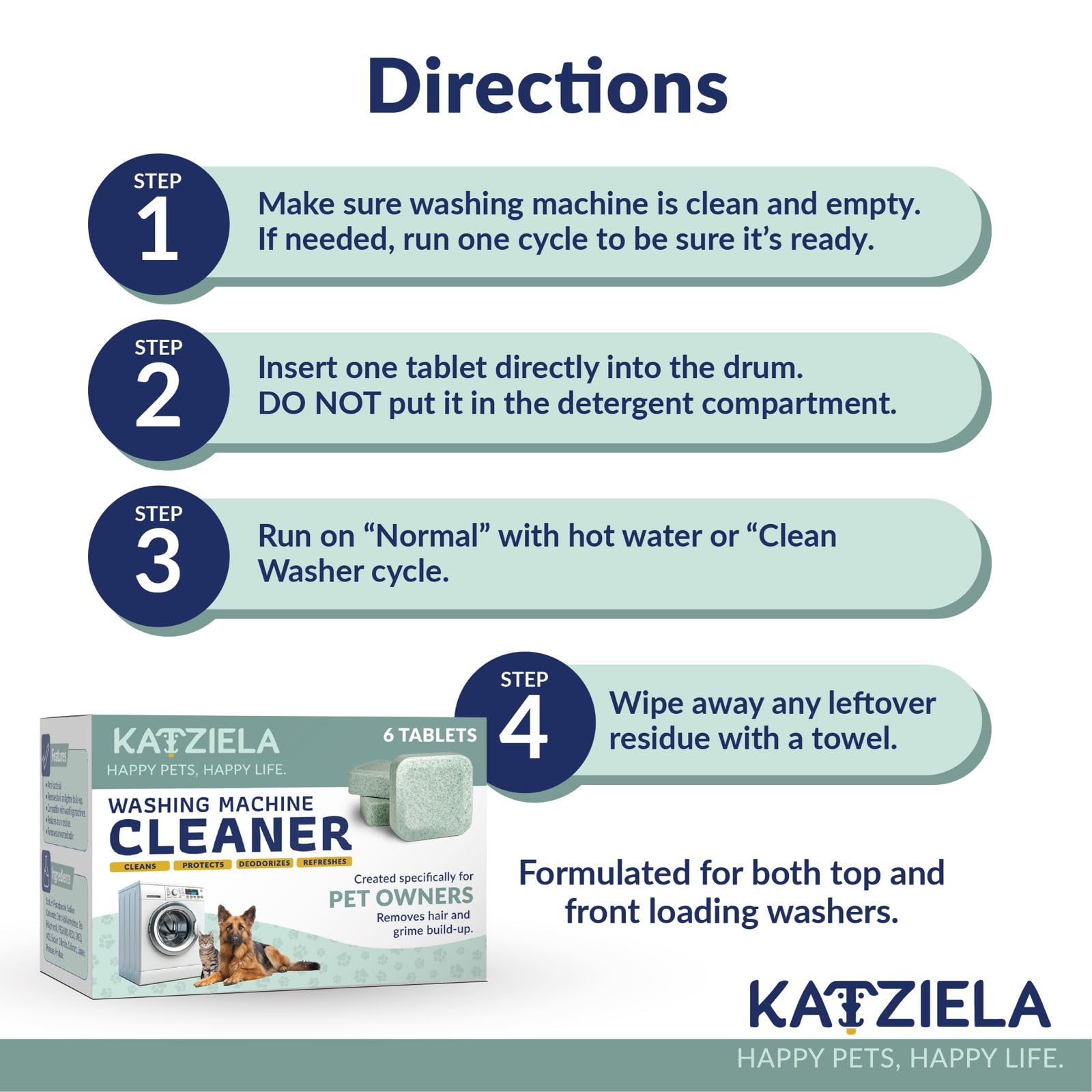 Katziela Washing Machine Cleaner Tablets - 6 Pack (3-Month Supply) - Loosens Pet Hair & Eliminates Odors - Fragrance-Free Enzyme Formula - Safe