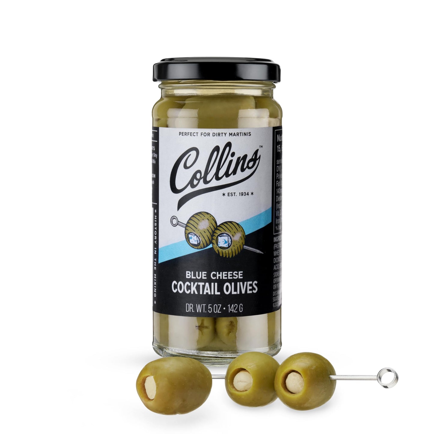 Collins Gourmet Blue Cheese Olives, Premium Stuffed-Cheese Garnish for Cocktails, Martinis, Bloody Marys, Snack Trays, Charcuterie, and Salads