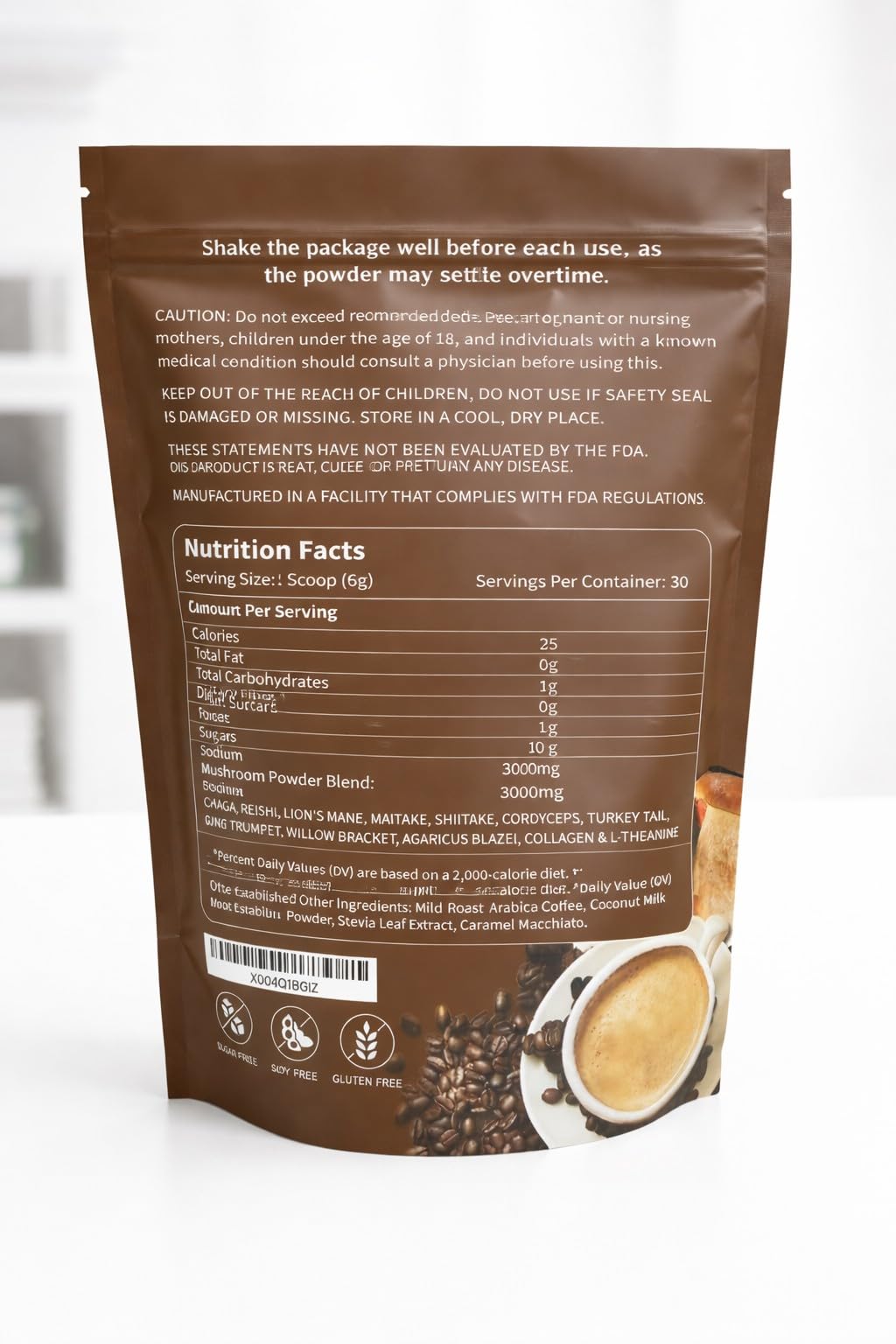 KAHIDJI Premium Mushroom Coffee with Collagen, 10 Mushroom Blend, Instant Coffee Mix, Caramel Macchiato Flavor, 180g