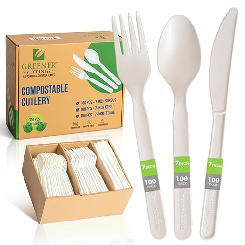 100% Compostable Cutlery Set - 300pc Disposable Forks, Spoons & Knives | Heavy-Duty 7" Plant-Based Utensils | Heat Resistant, Eco-Friendly Alternative