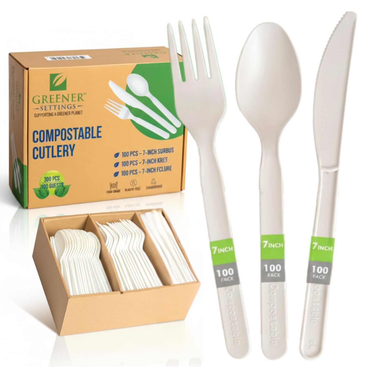100% Compostable Cutlery Set - 300pc Disposable Forks, Spoons & Knives | Heavy-Duty 7" Plant-Based Utensils | Heat Resistant, Eco-Friendly Alternative