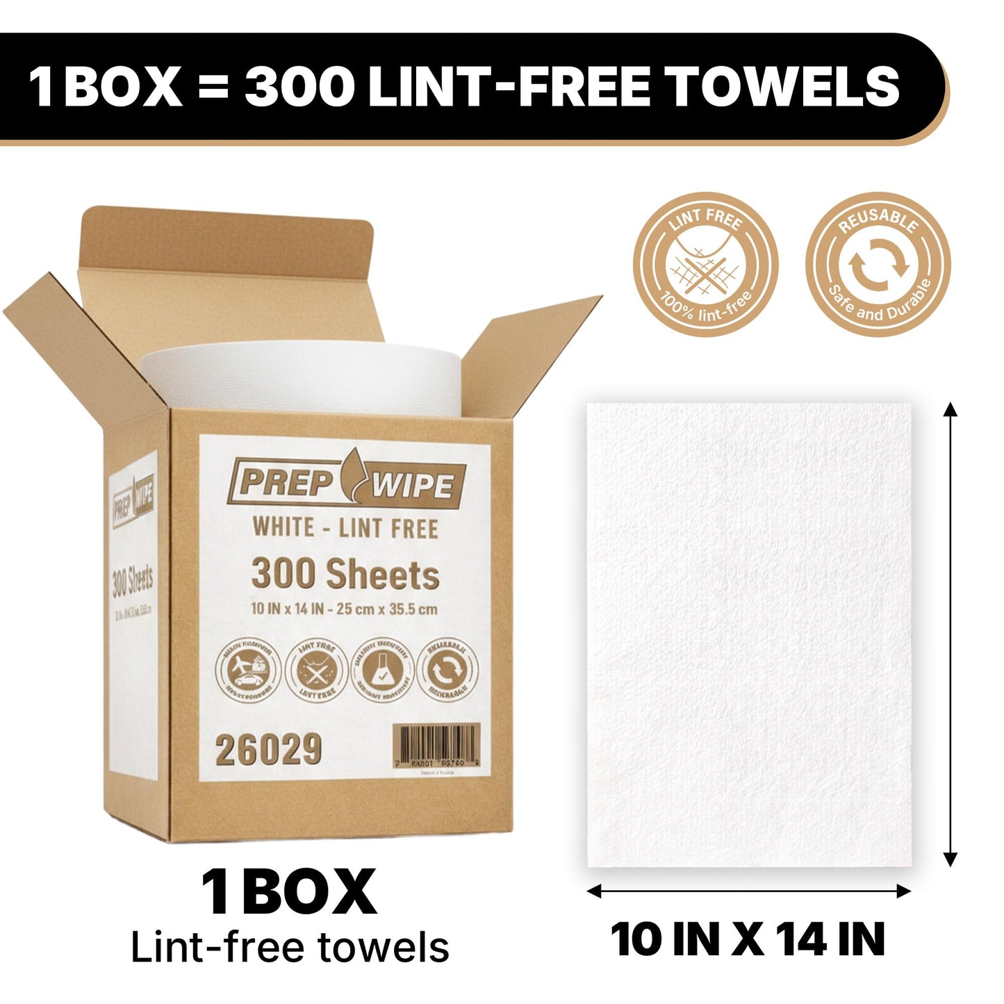 26029 Prep Wipe WHITE Lint Free Cleaning Towels Pack of 300 Sheets, 10" x 14" (1 Box) - Multi-purpose, Reusable, Perforated, Industrial Grade
