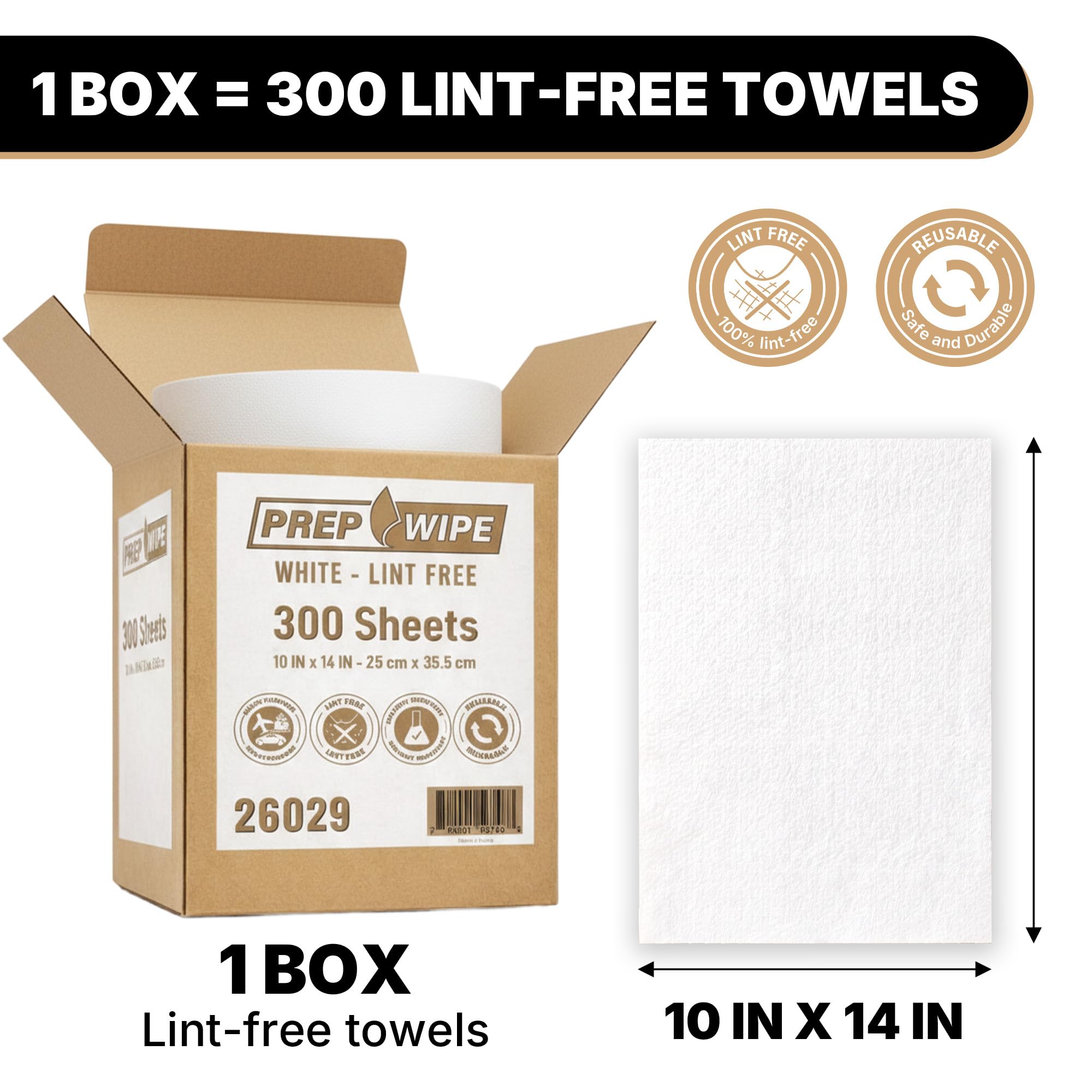 26029 Prep Wipe WHITE Lint Free Cleaning Towels Pack of 300 Sheets, 10" x 14" (1 Box) - Multi-purpose, Reusable, Perforated, Industrial Grade