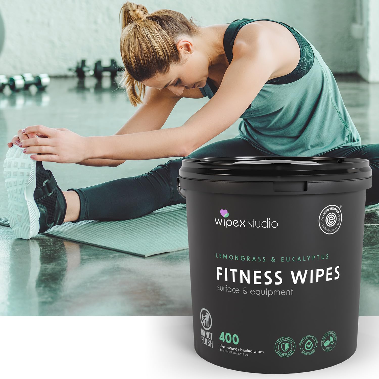Wipex Gym Cleaning Wipes Bundle - EWG Verified - Get 800 Wipes with (1) Lemongrass & Eucalyptus Bucket & (1) Refill Roll, Plant-Based Fitness