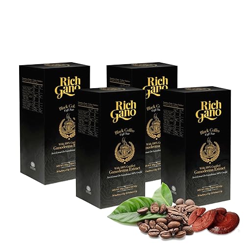 Rich Gano Reishi Mushroom Coffee - (4 Boxes of 30 Sachets) Black Coffee with Ganoderma Extract - All Natural Vegan Friendly Instant Coffee Packets