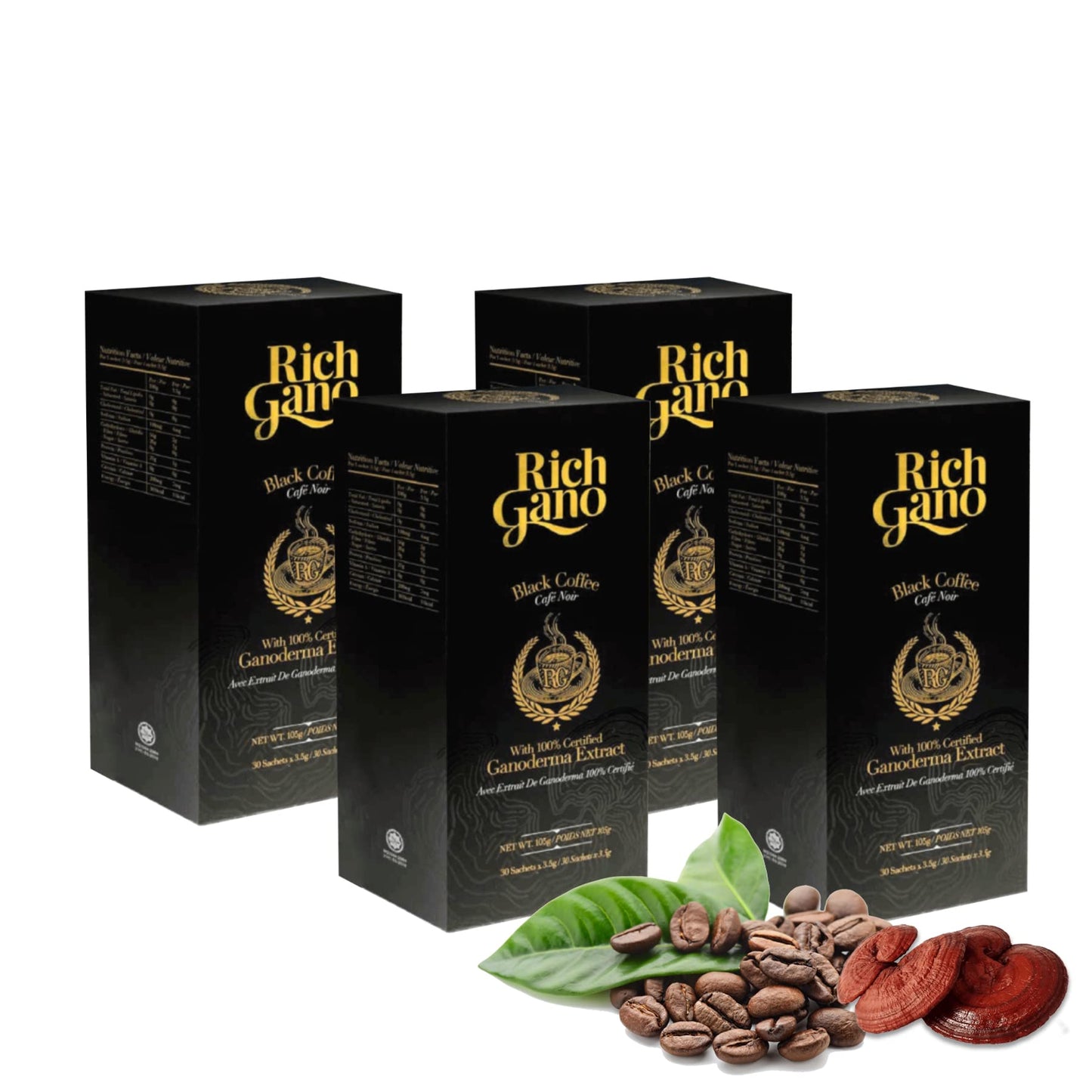Rich Gano Reishi Mushroom Coffee - (4 Boxes of 30 Sachets) Black Coffee with Ganoderma Extract - All Natural Vegan Friendly Instant Coffee Packets