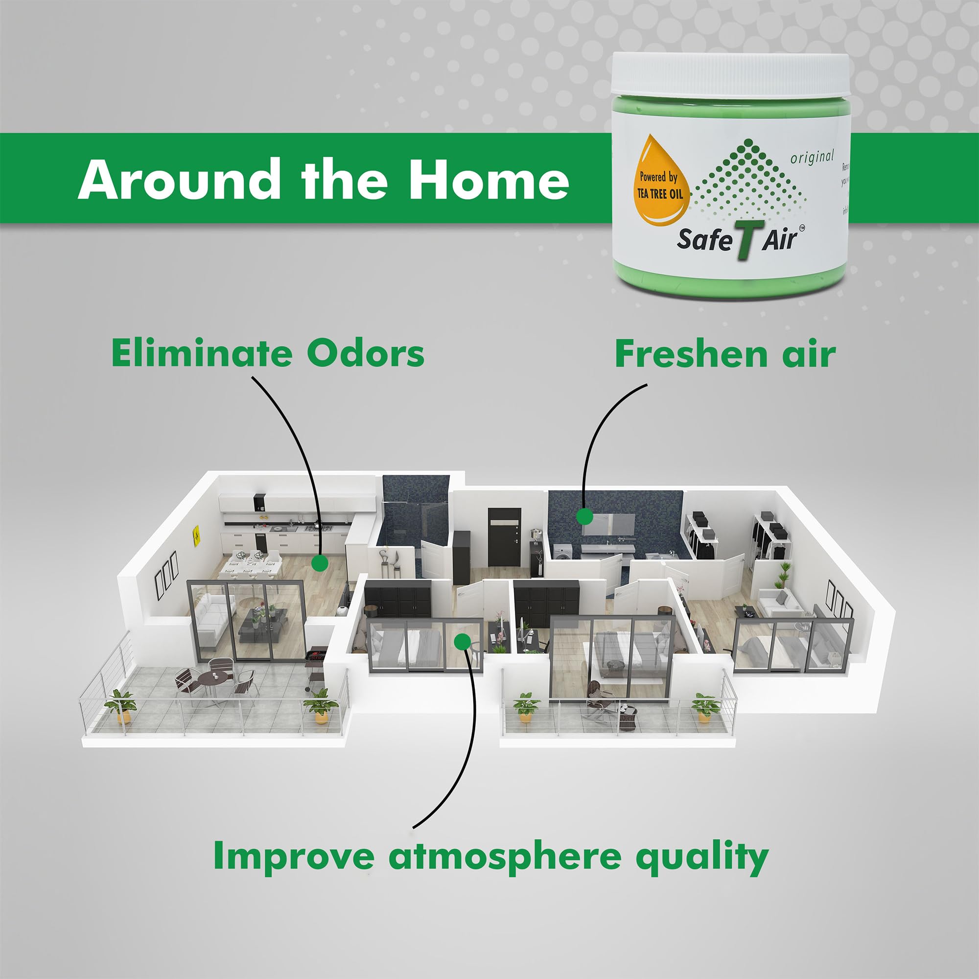 Safe T Air Tea Tree Oil Air Freshener Gel - Natural Odor Eliminator for Car, Home & Bathroom - Removes Smoke, Pet & Musty Odors - Long Lasting
