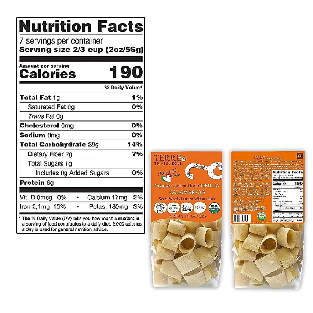6 PACKS ORGANIC ITALIAN SEMI WHOLE DURUM WHEAT CALAMARATA PASTA - Sicilian Ancient Grain Timilia Vegan Pasta Crafted in Italy. LOW-GLUTEN INDEX. Has