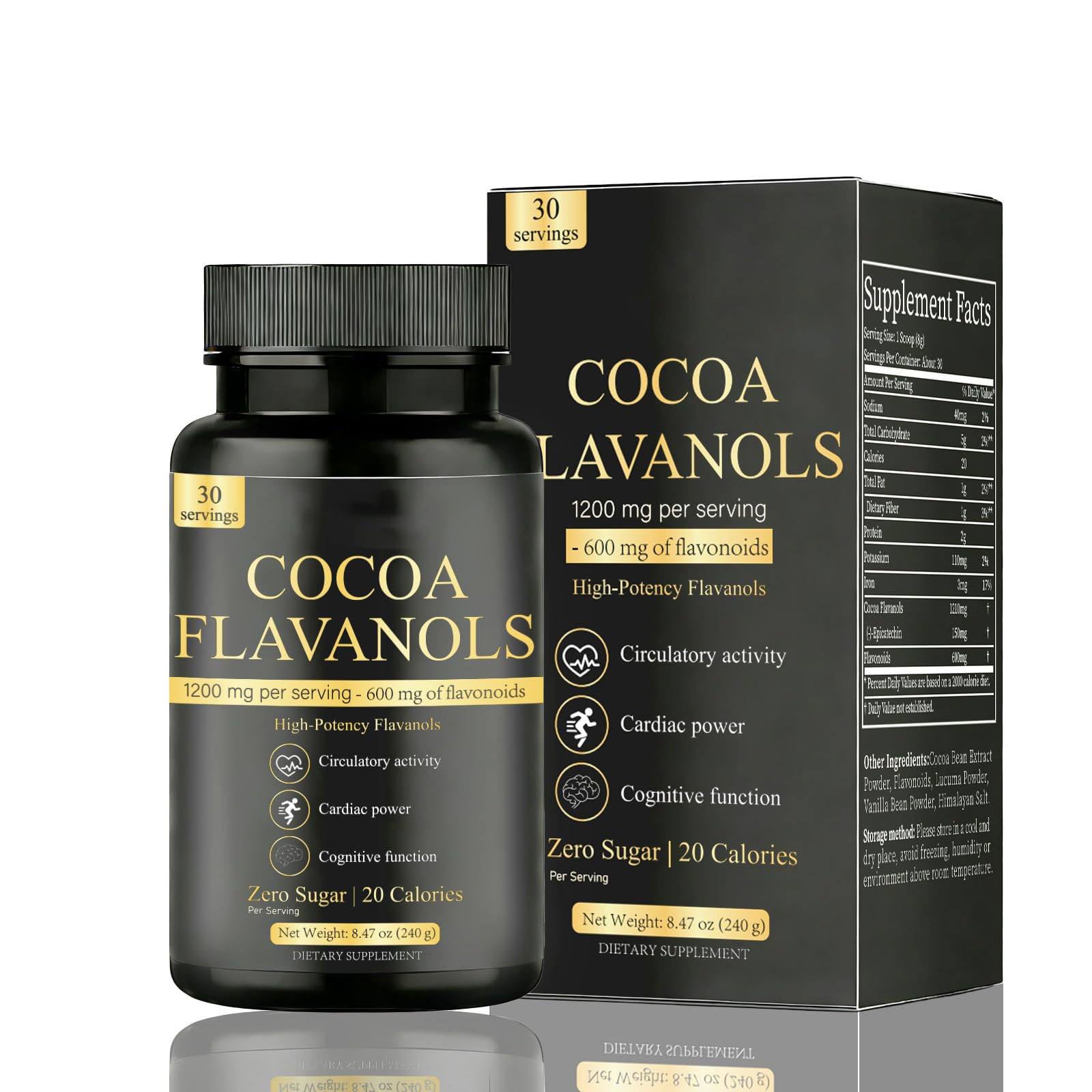 High Flavanol Cocoa Powder, 1200mg Flavanols per Serving, Natural Unsweetened Dutch Cocoa for Baking, Cooking & Beverages, Rich Dark Chocolate Flavor (01)