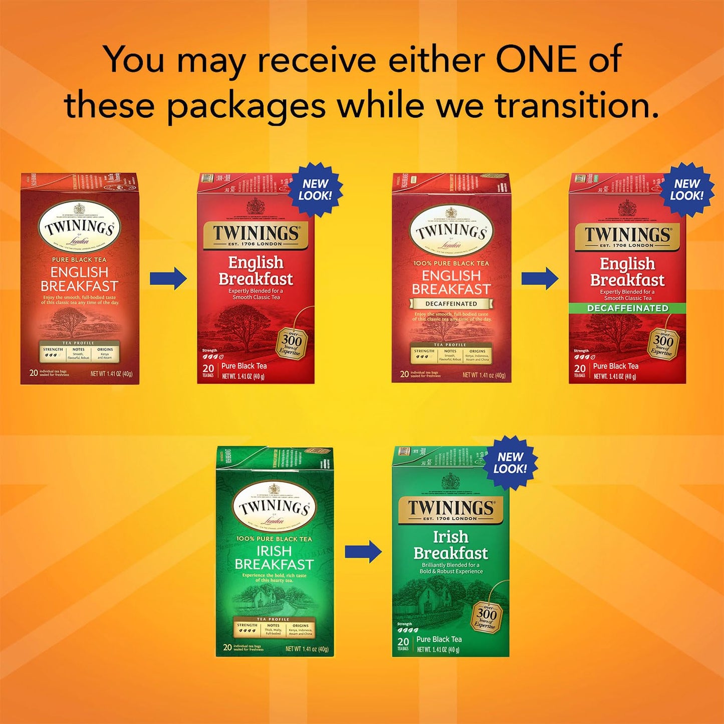 Twinings Tea Variety 6-Pack - Earl Grey, English Breakfast, Irish Breakfast, Decaffeinated Earl Grey, Decaffeinated English Breakfast, Lady Grey Tea