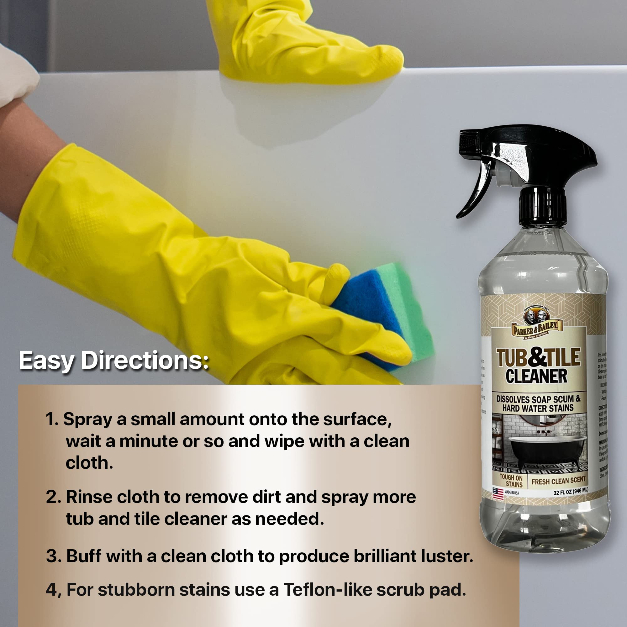 PARKER & BAILEY Tub & Tile Cleaner - Bathroom Cleaner Shower Cleaner Spray Tub Cleaner Soap Scum Remover for Shower Hard Water Stain Remover Household