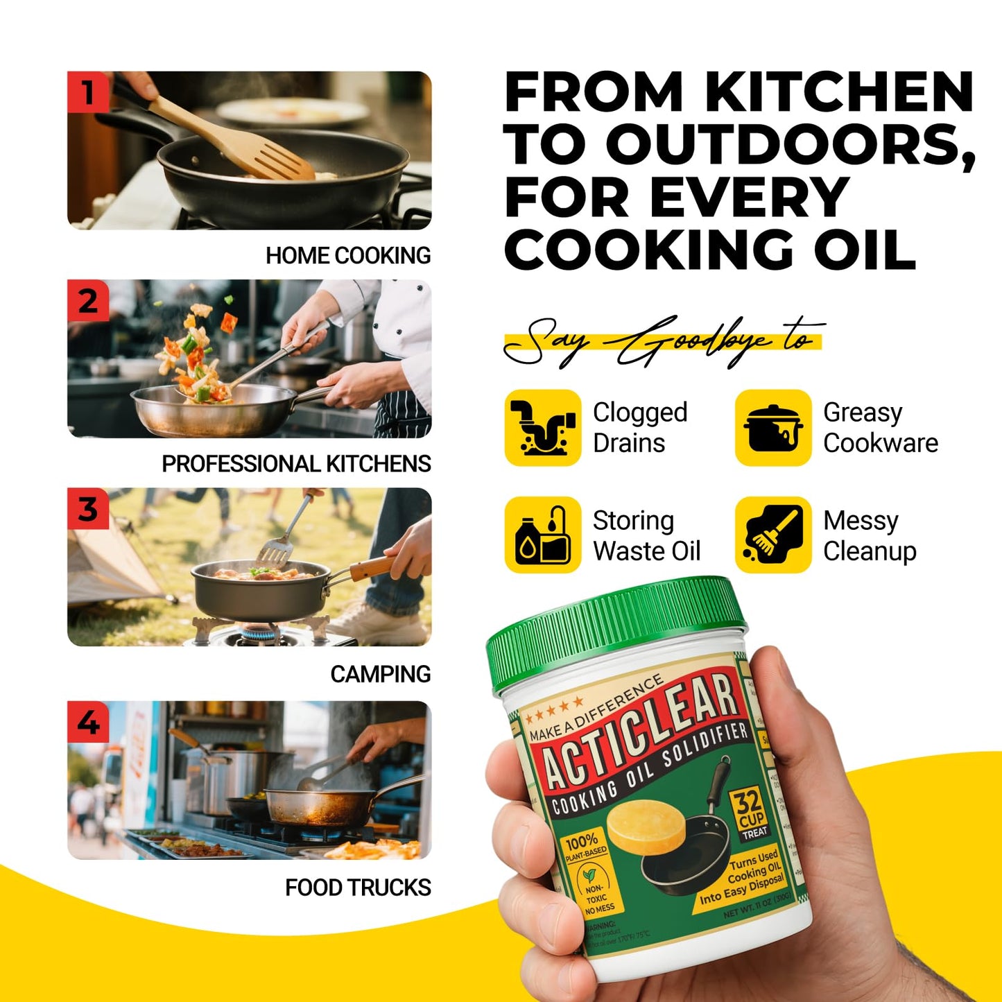 ACTICLEAR Cooking Oil Solidifier - 11oz (32 Cups) Algae-Based Grease Hardener for Easy Disposal, Turns Used Cooking Oils to Solid Waste, Kitchen Fry