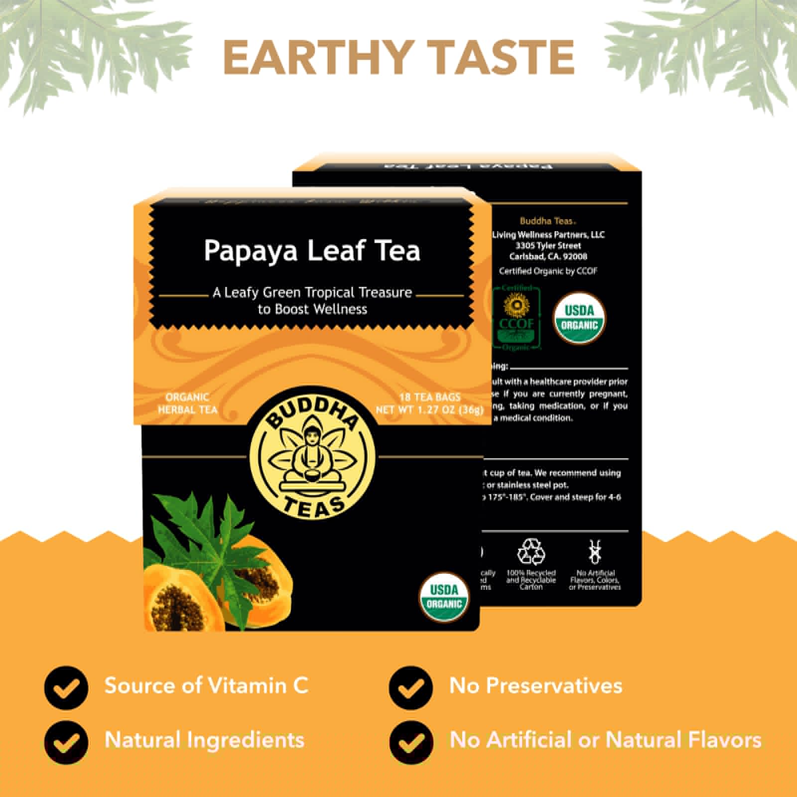Buddha Teas Organic Papaya Leaf Tea - OU Kosher, USDA Organic, CCOF, 18 Bleach-Free Tea Bags
