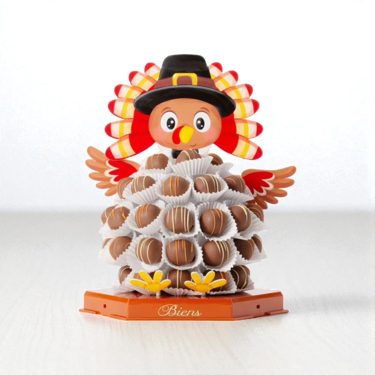 Biens Chocolate Centerpieces, Thanksgiving Box, Toby the Bien Turkey Tower, 50 Piece Hand Decorated Chocolates with Serving Platter, Ready to Serve