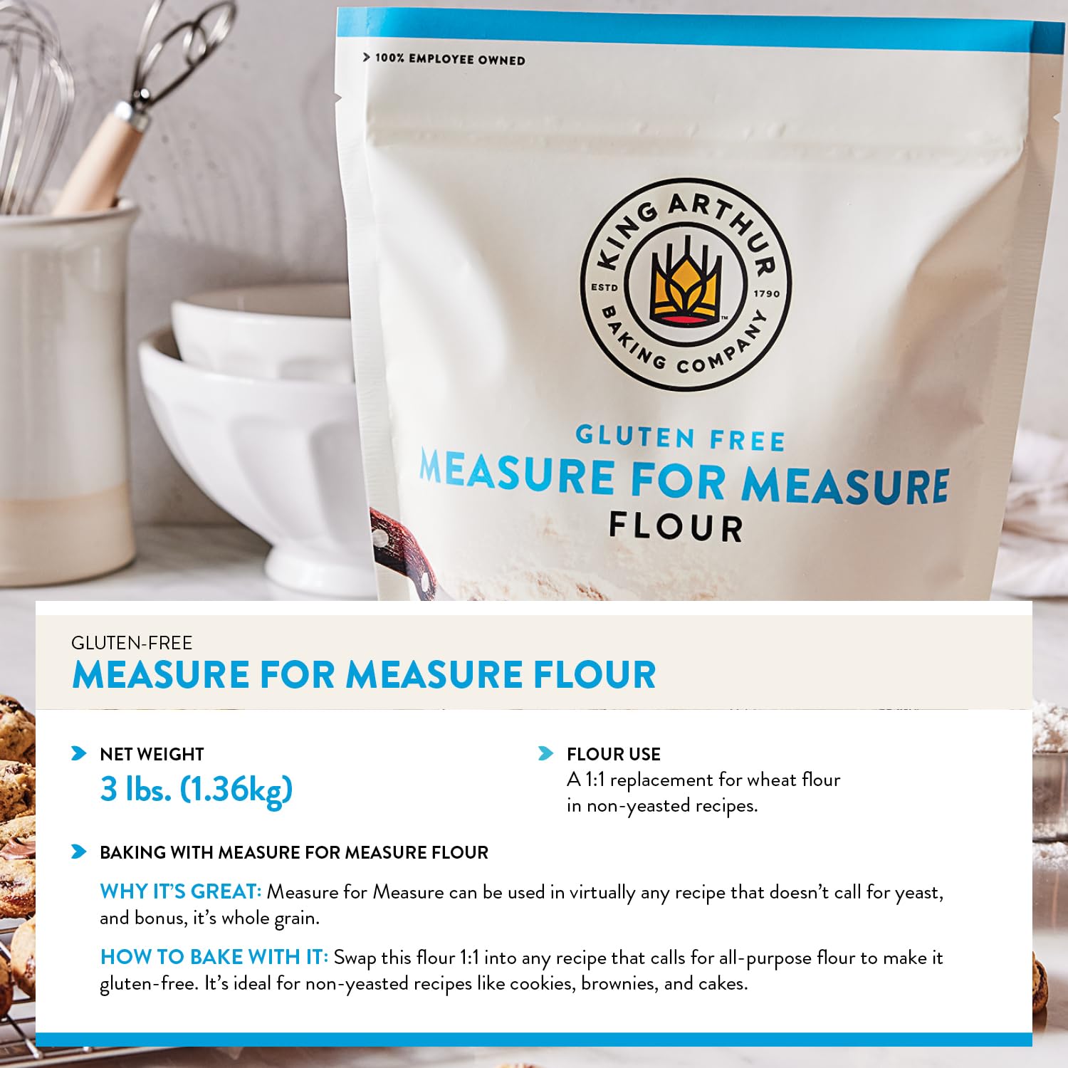King Arthur Measure for Measure Gluten-Free Flour: All-Purpose 1:1 Substitute for Wheat Flour, Non-GMO, Kosher Certified, 3 lbs Bag for Baking