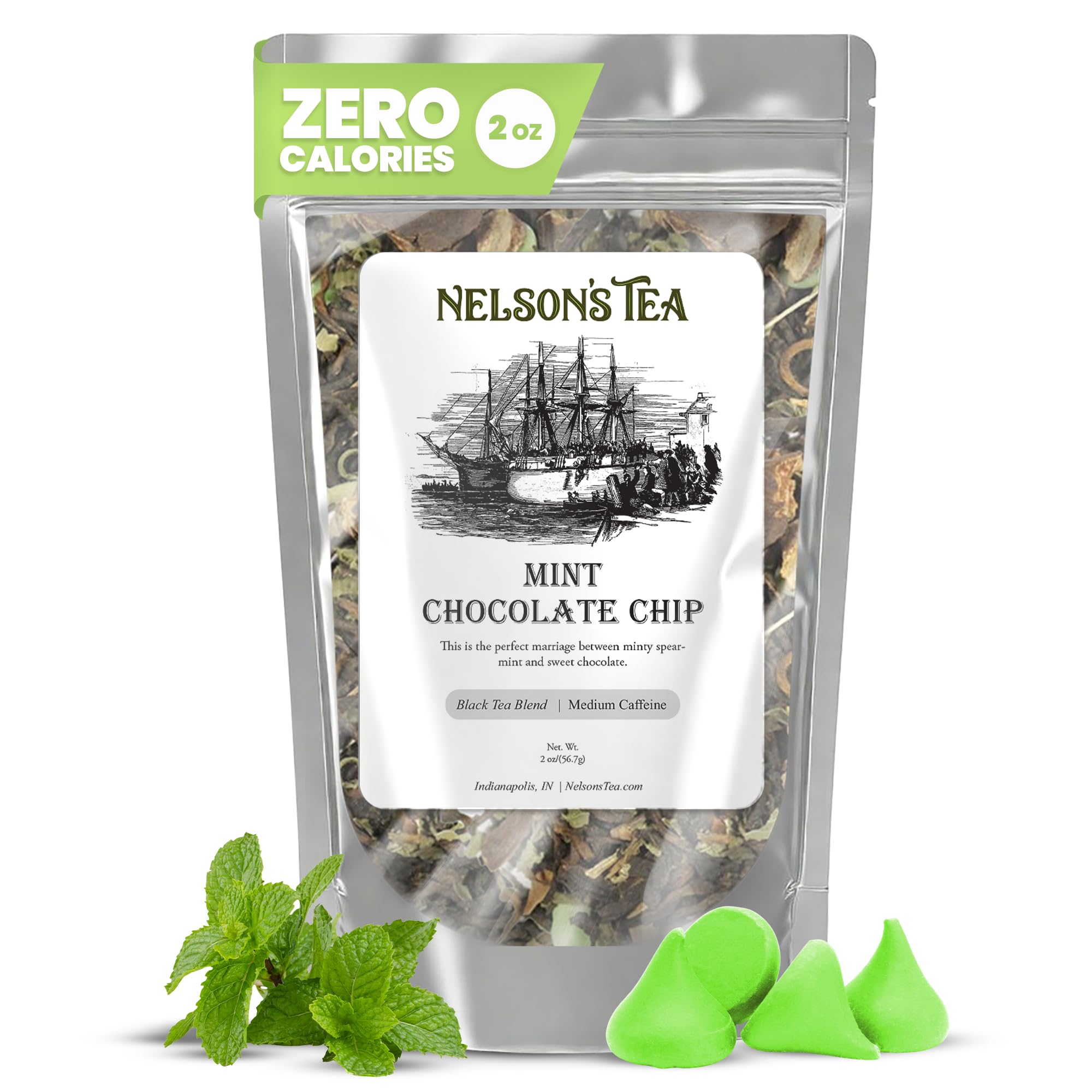 Nelson's Tea - Mint Chocolate Chip - Black Loose Leaf Tea - Pu-erh black tea, spearmint leaf, carob bean pods, mint chocolate chips, and natural