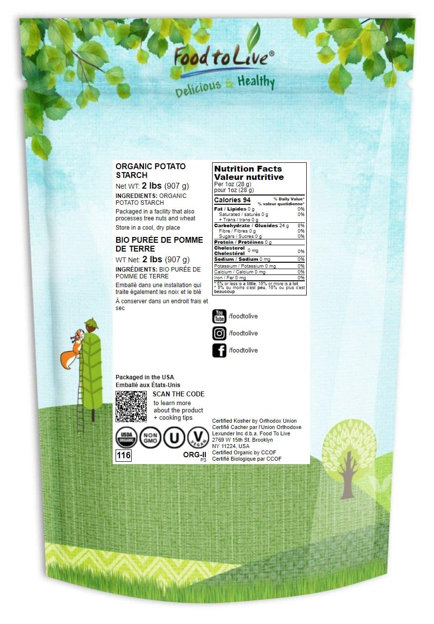 Food to Live Organic Potato Starch, 2 Pounds - Unmodified Powder, Non-GMO, Pure Flour, Kosher, Vegan, Bulk, Great for Cooking, Baking, and Thickening