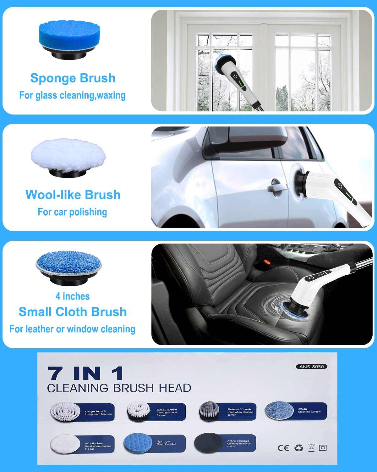 Leebein ANS-8050 Electric Spin Scrubber Replacement Brush Heads, 7pcs Extra Brush Accessories Kit for Leebein ANS-8050 & ANS-8051 8052 Electric